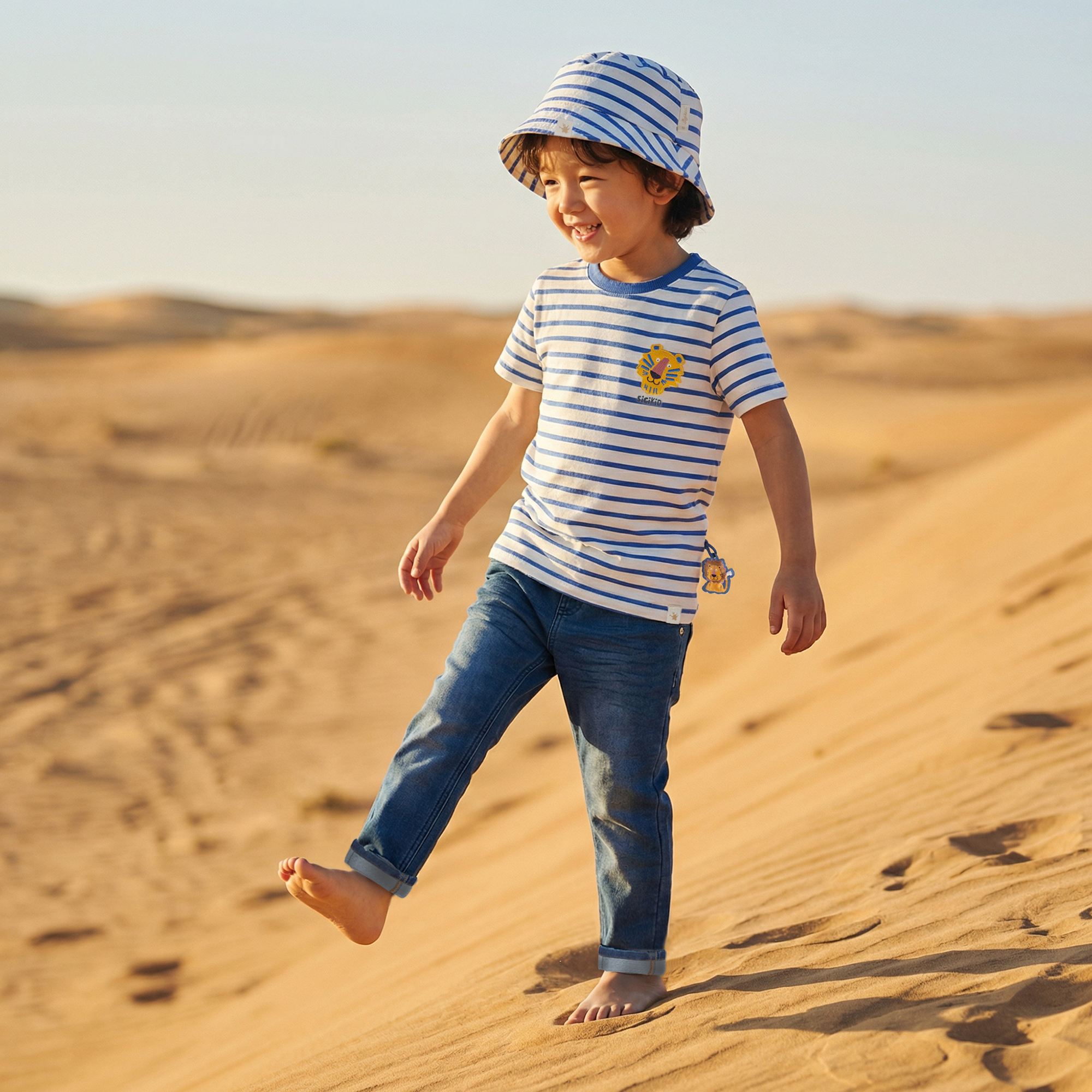 Kinder Ringel T-Shirt Tiger & Löwe, blau/weiß