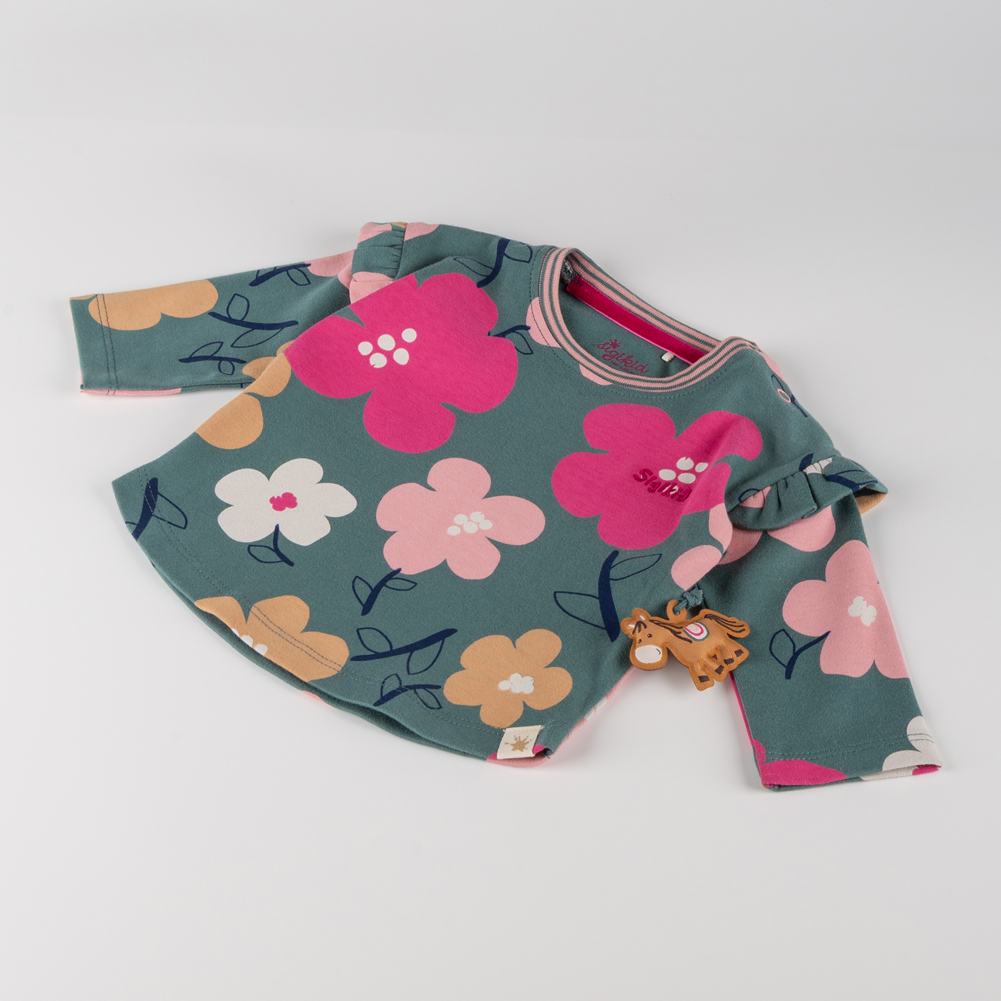 Baby Langarmshirt Pony Love, grün mit Blumenprint