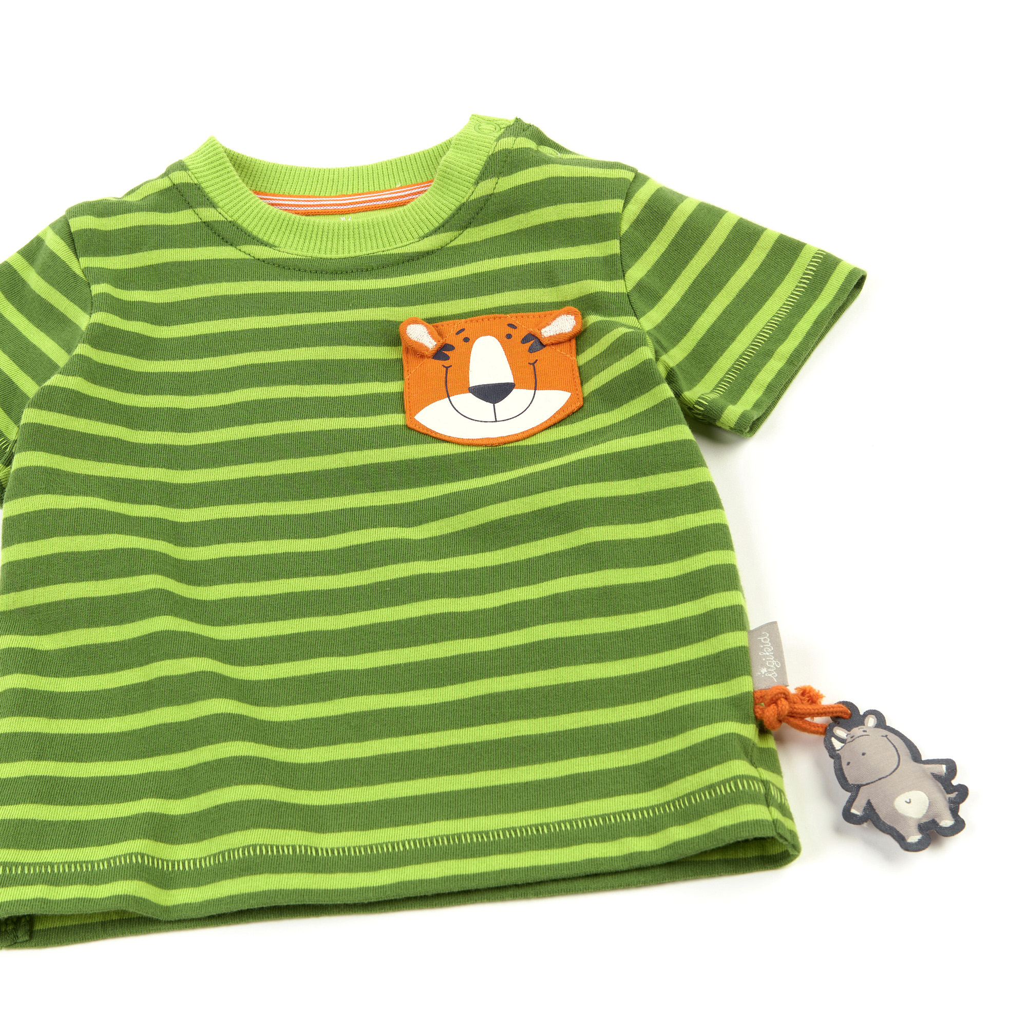 Green striped baby T-shirt with tiger pocket