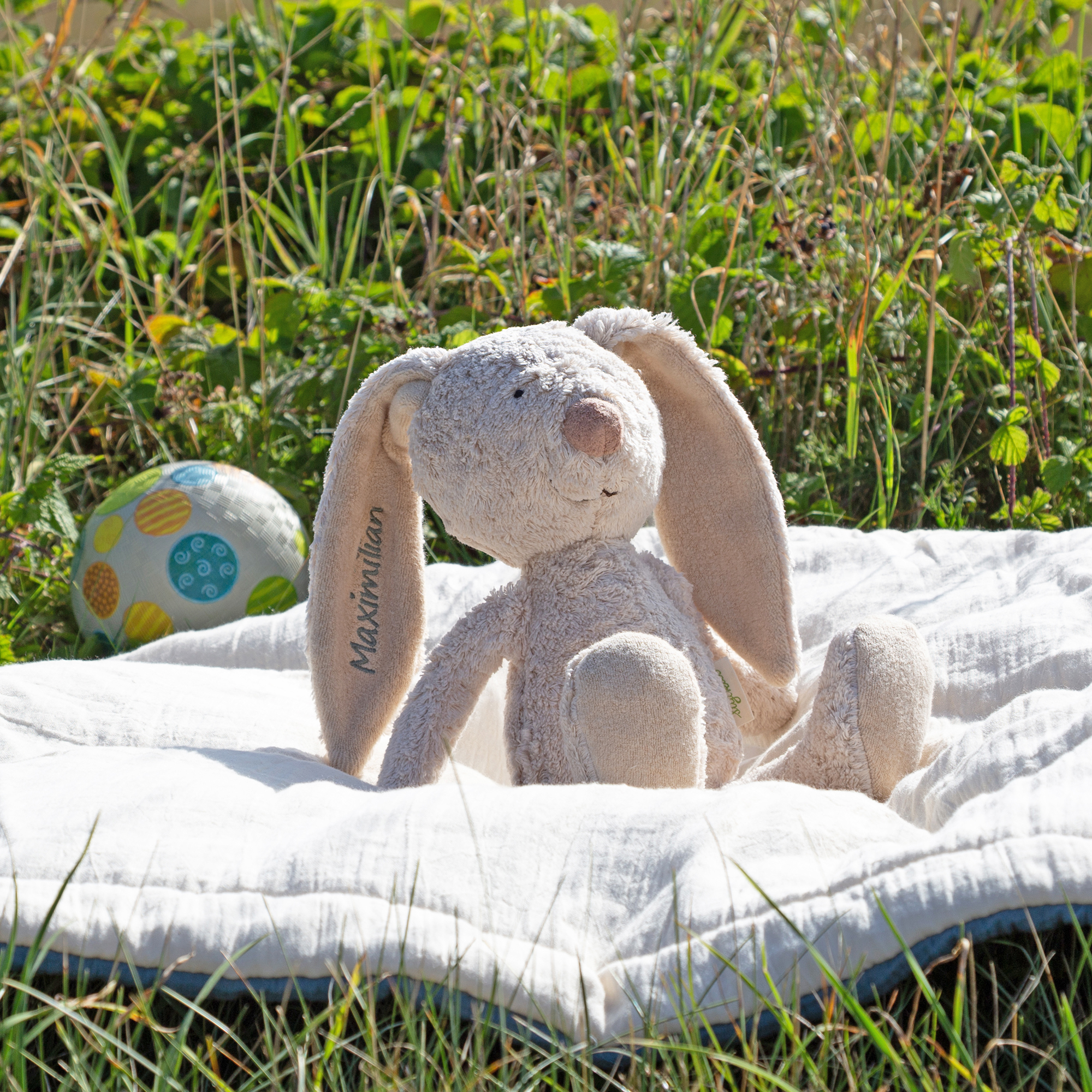 Kuscheltier Hase mit Namens-Stickerei, Bio-Baumwolle & Schurwolle, Pure Collection