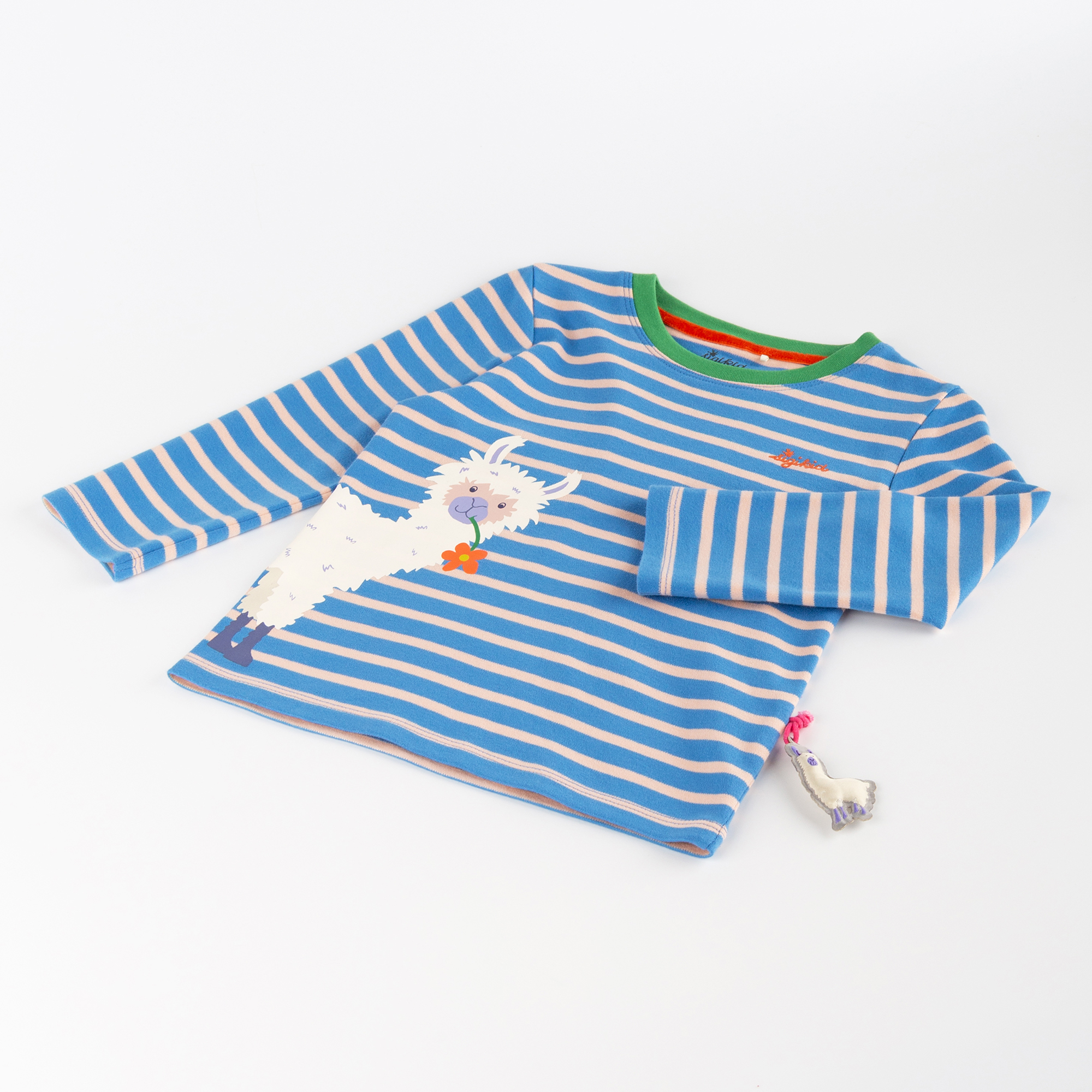 Kinder Langarmshirt Crazy Lama, blau gestreift