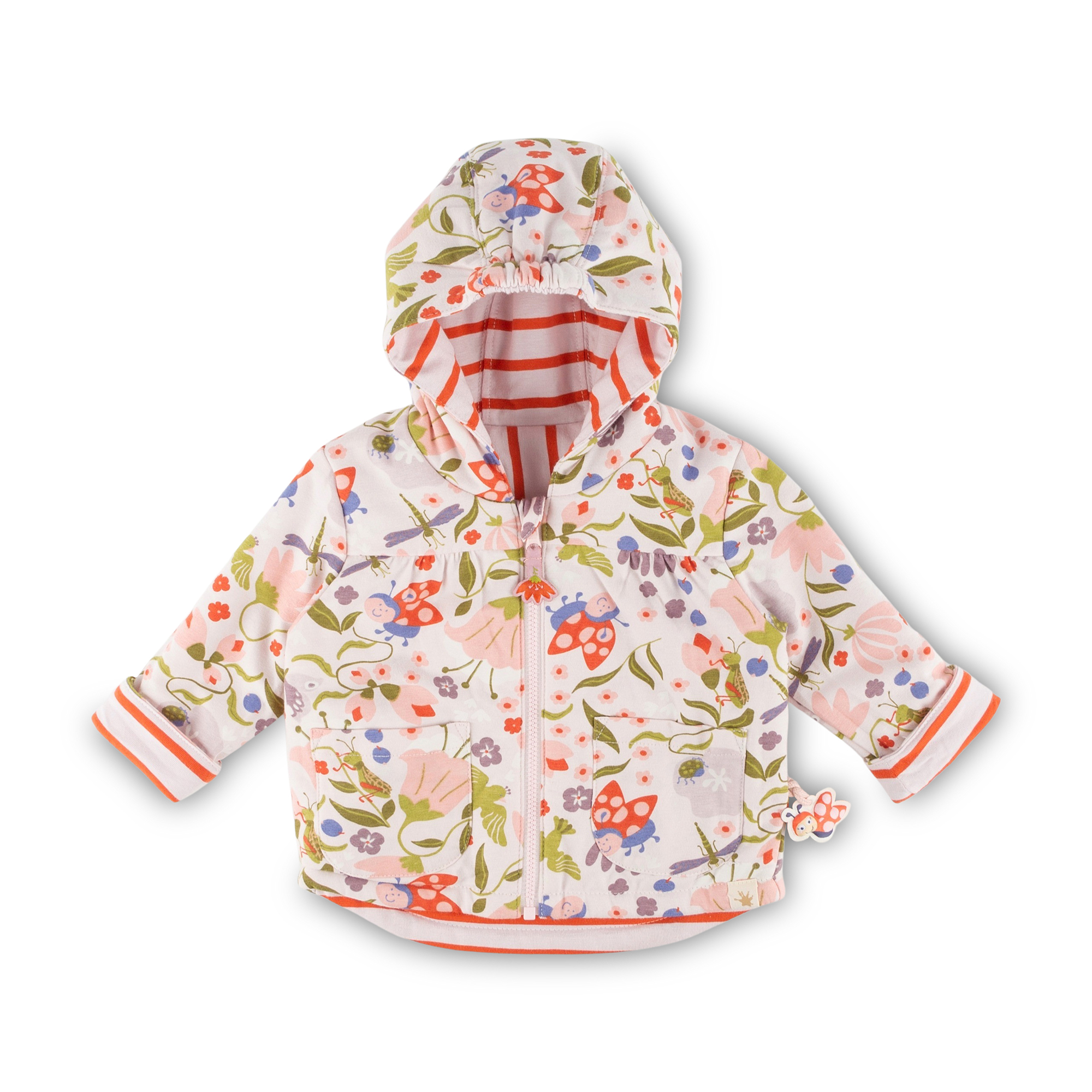 Reversible hooded baby jacket interlined, Happy Ladybug