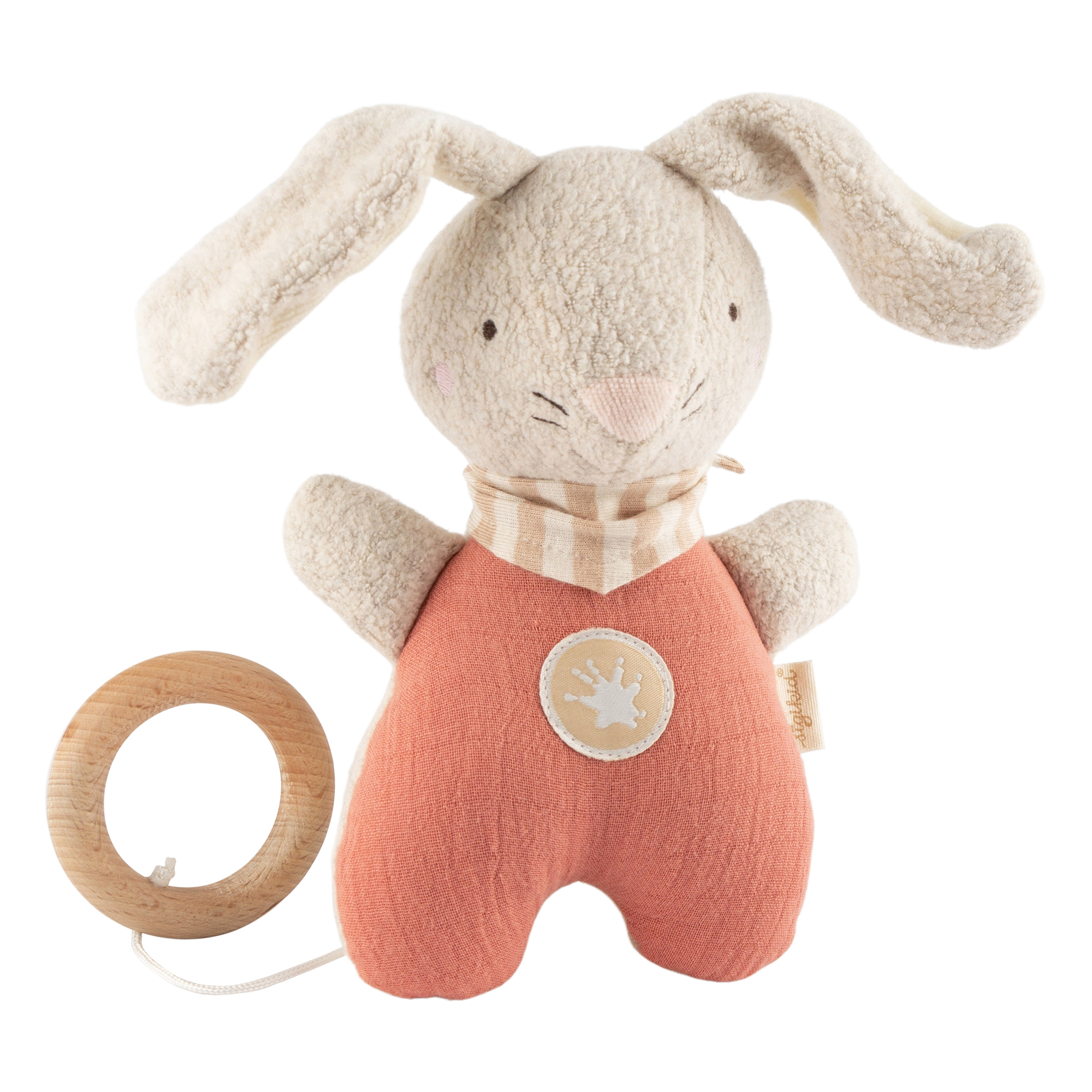 Muslin musical baby soft toy bunny, coral pink