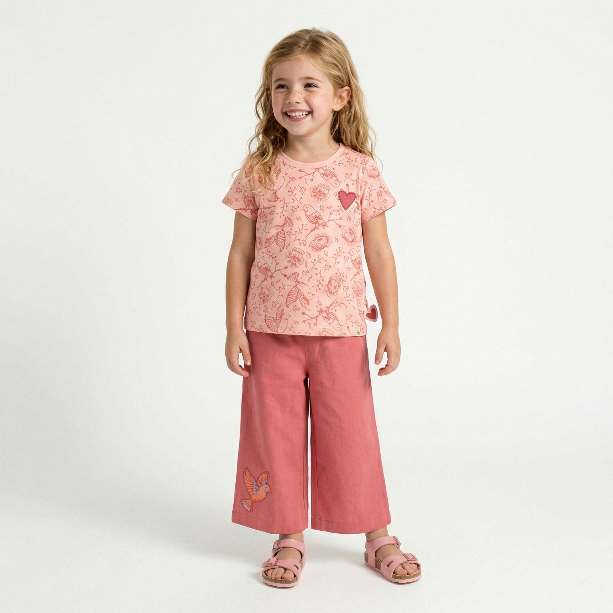 Kinder T-Shirt mit Vogelprint und Herzchen, rosa