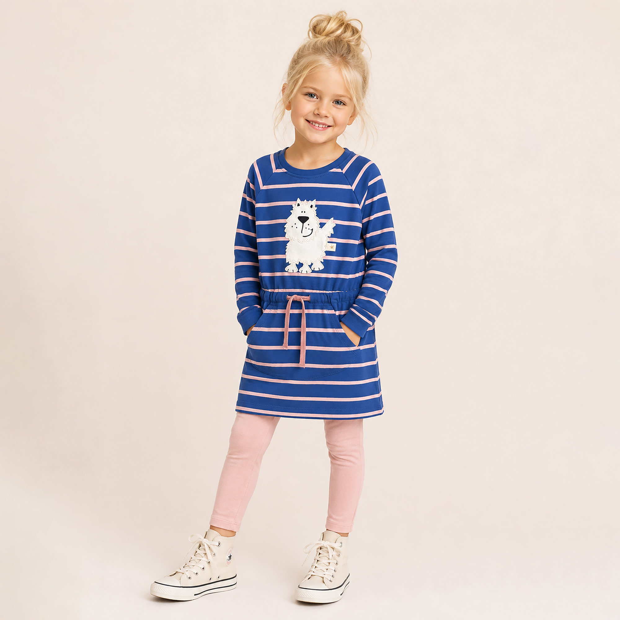 Sportliches Shirtkleid Hund mit Tasche, blau/hellrosa