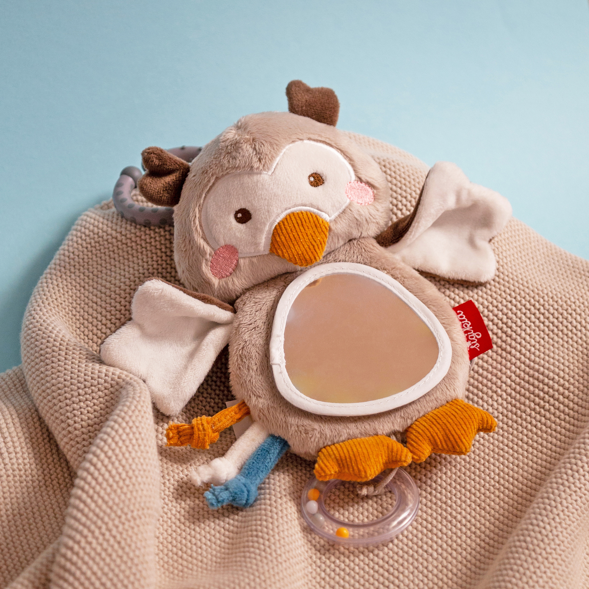 Hanging baby rattle rustle soft toy owl with foil mirror