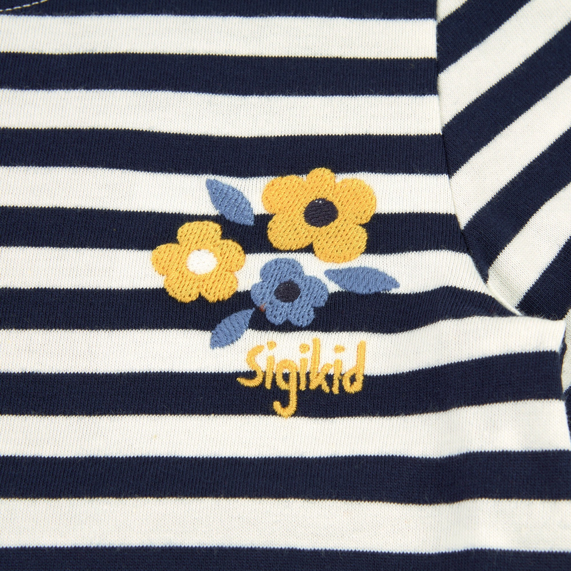 Navy/white striped kids' T-shirt with flower embroidery