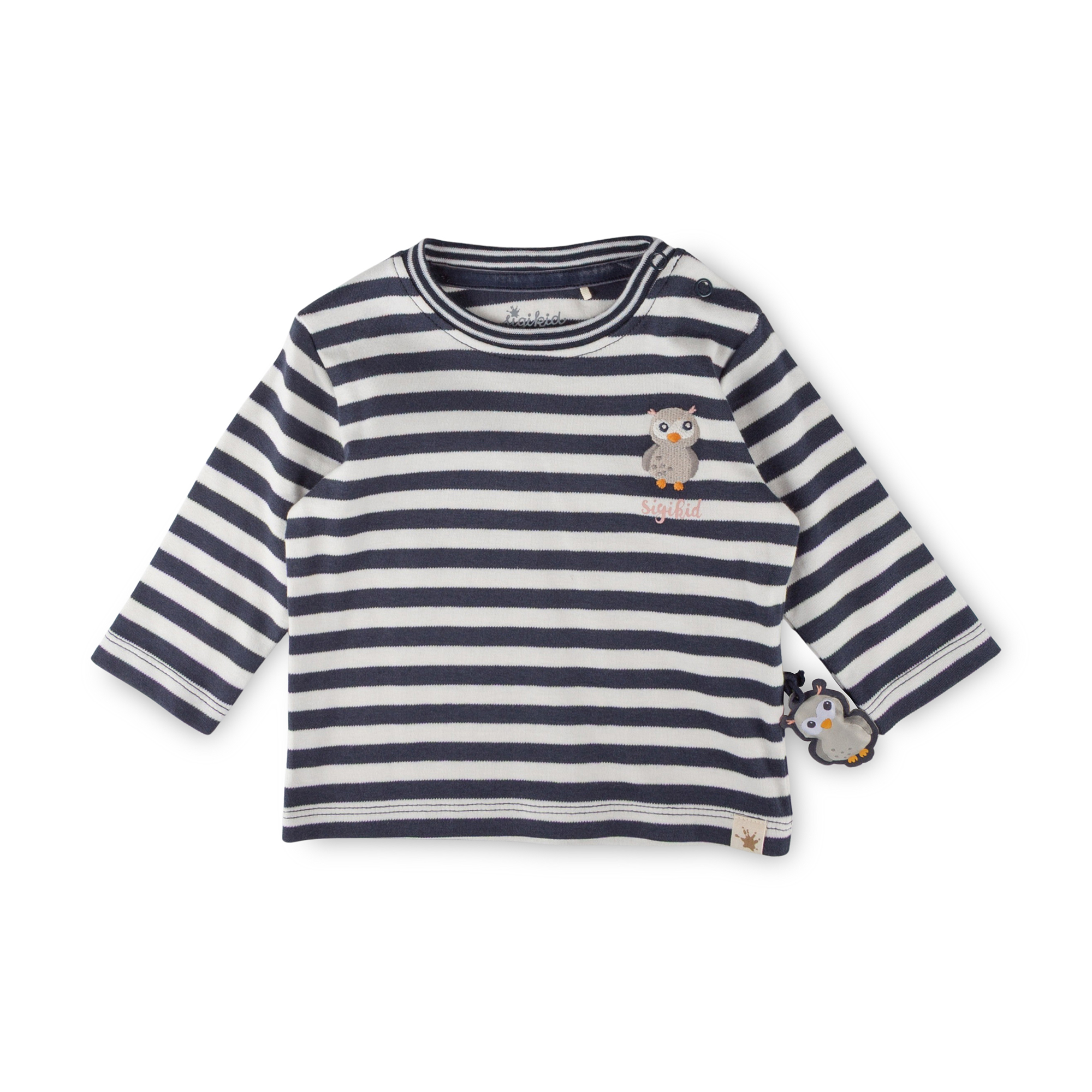 Baby Langarmshirt Eule Curious Owl, blau-weiß geringelt