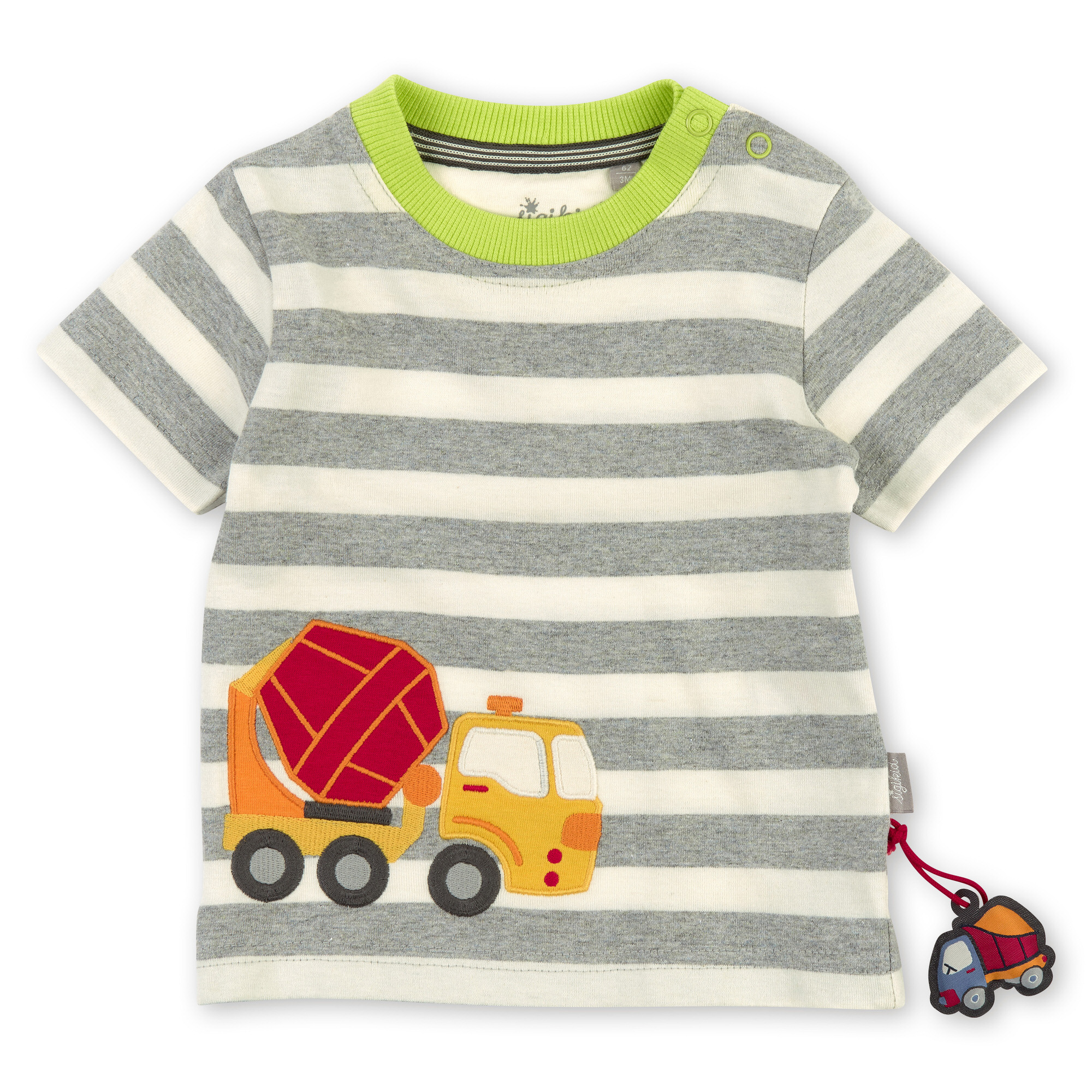 Baby T-Shirt grau gestreift mit Betonmischer Motiv