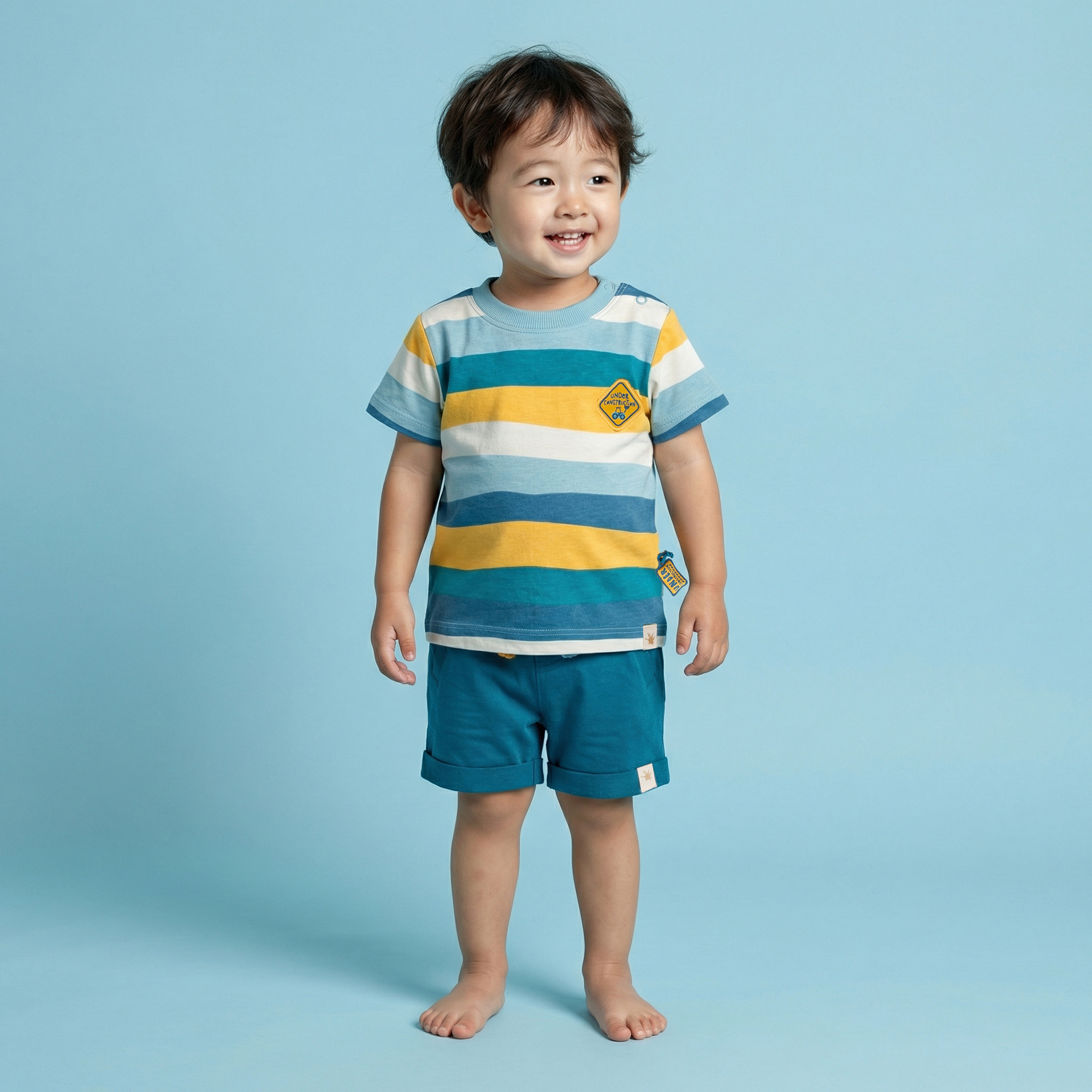 Baby Bermudas mit Aufschlag Fahrzeuge, blaugrün