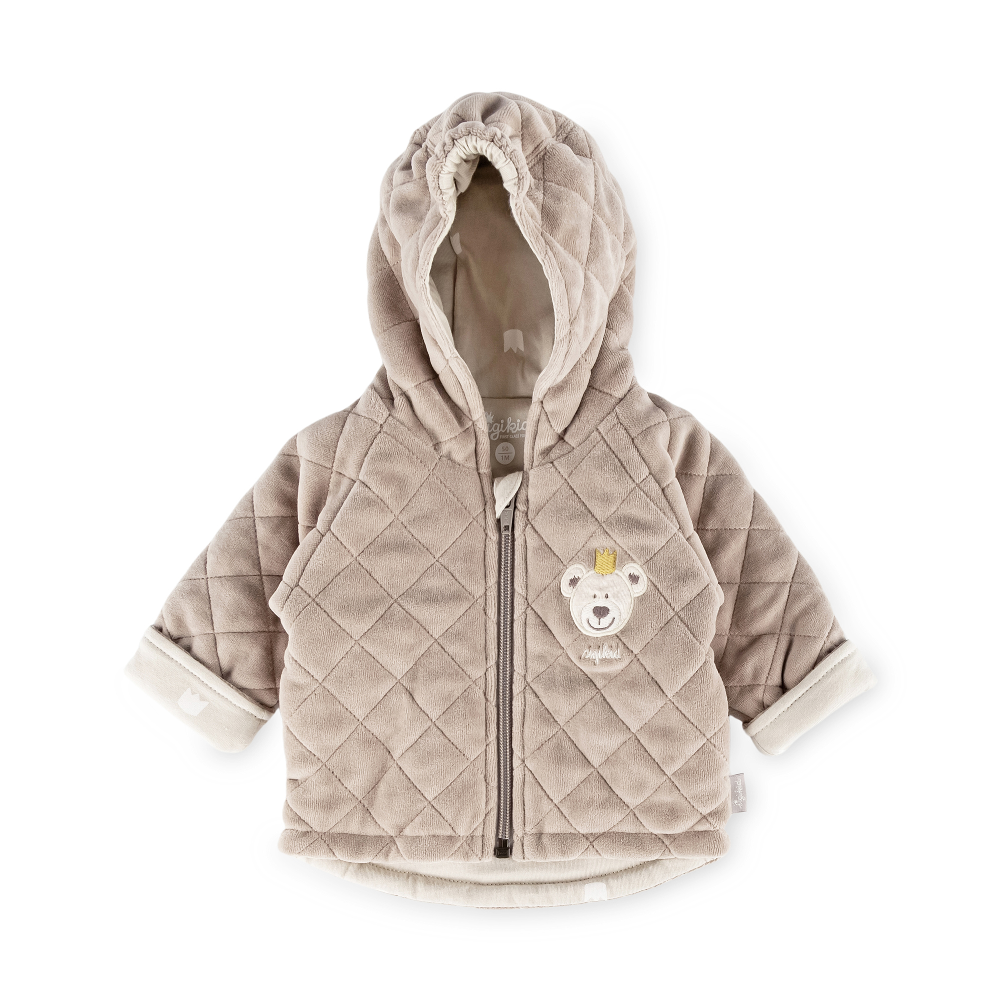 Newborn baby hooded velour jacket bear prince, quilted, beige