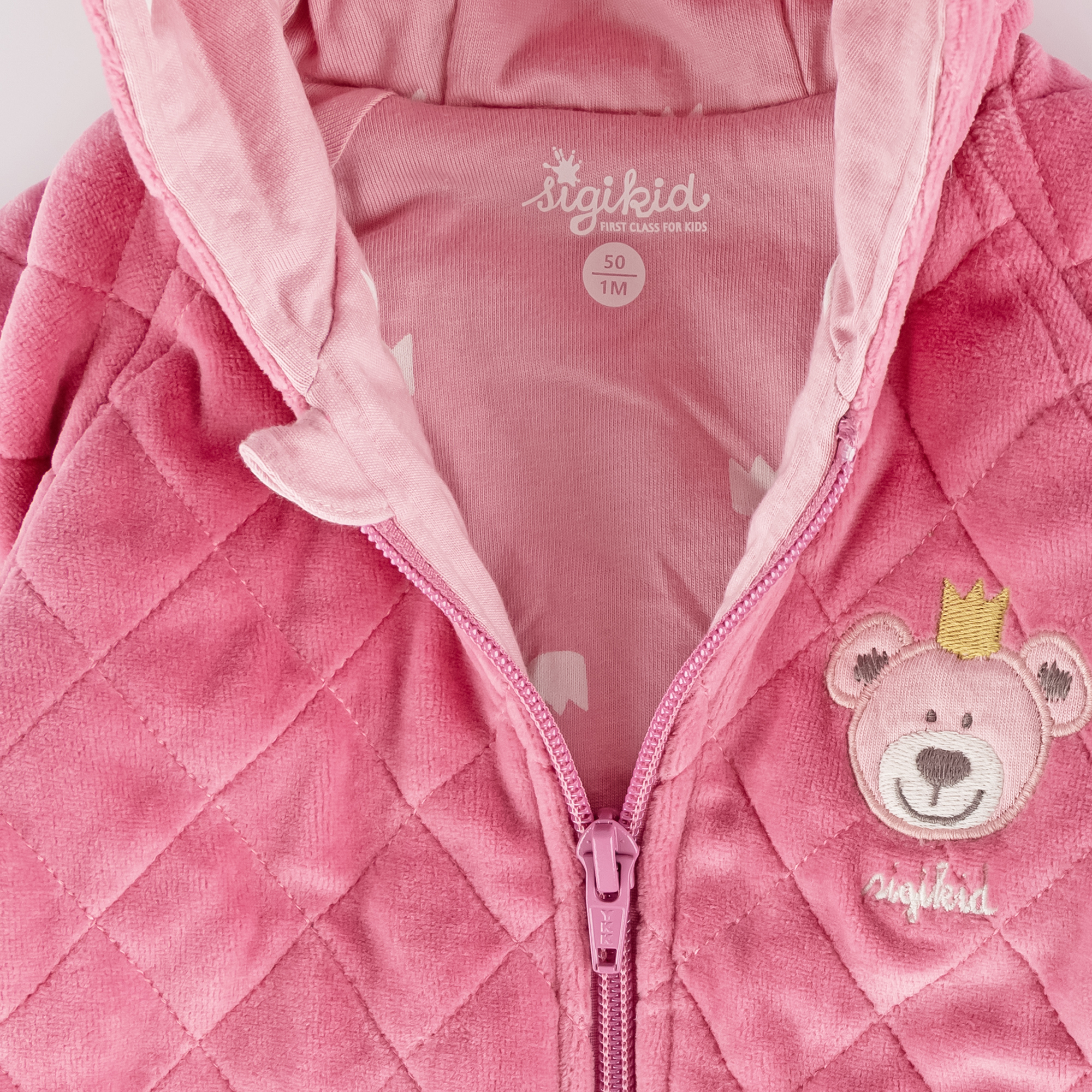 Newborn baby hooded velour jacket bear prince, pink, quilted