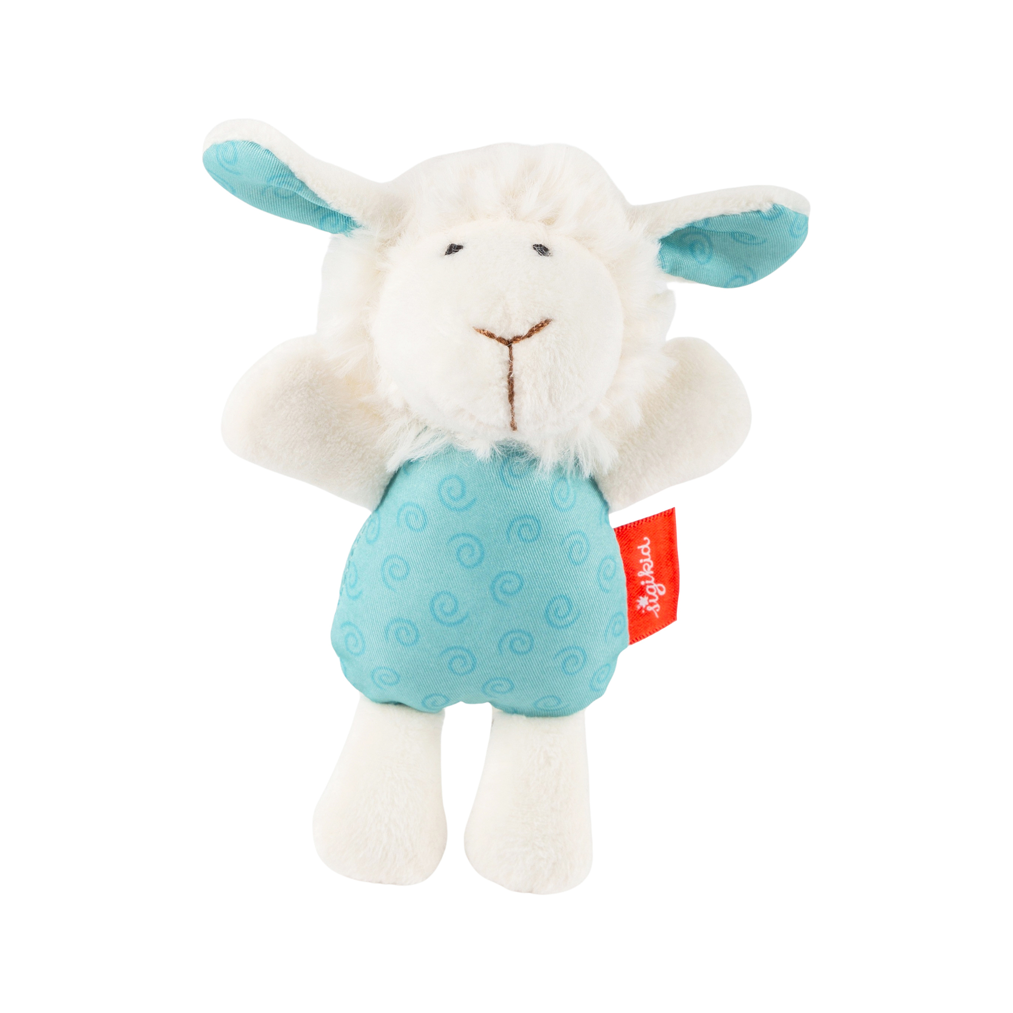 Baby grasping soft toy rattle sheep