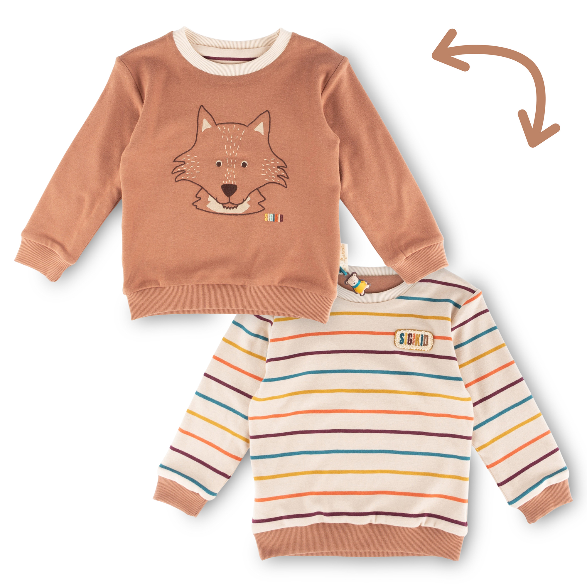 Kinder Wendeshirt Fuchs, bunt gestreift oder braun