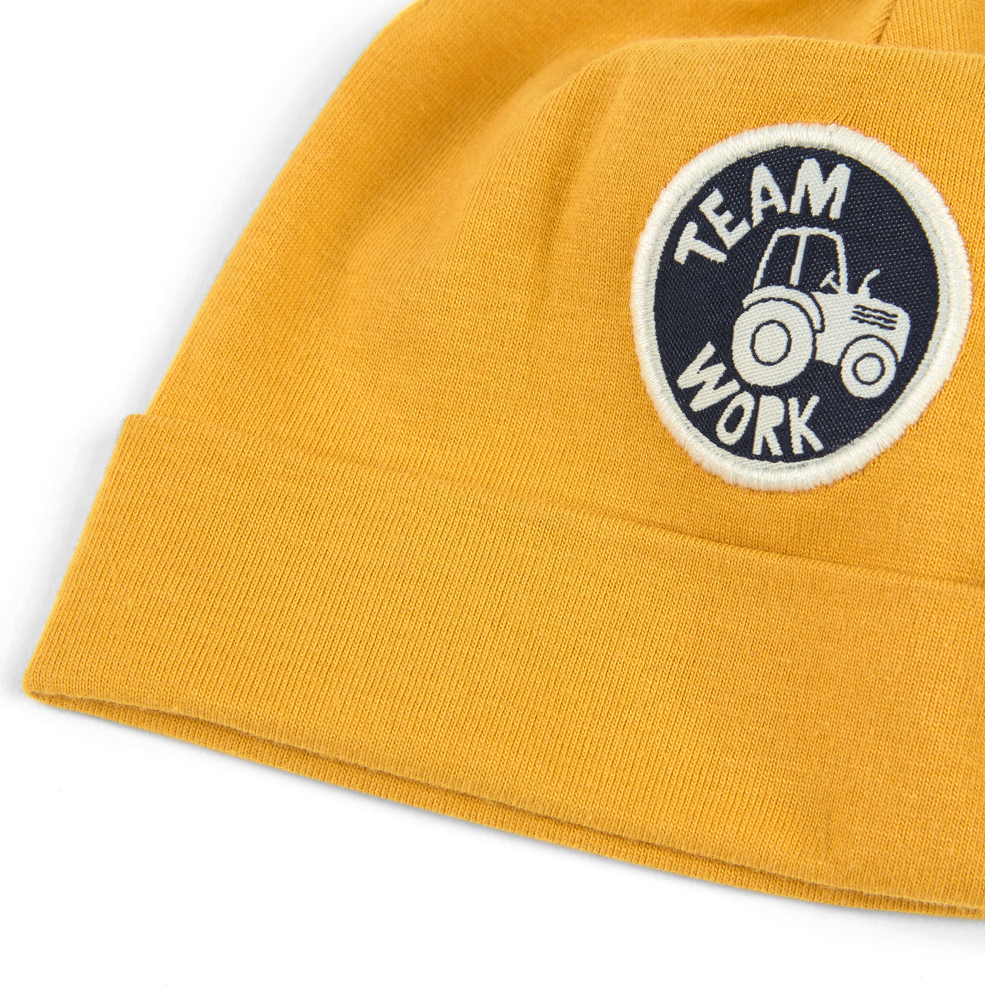 Baby hat with tractor patch, honey yellow