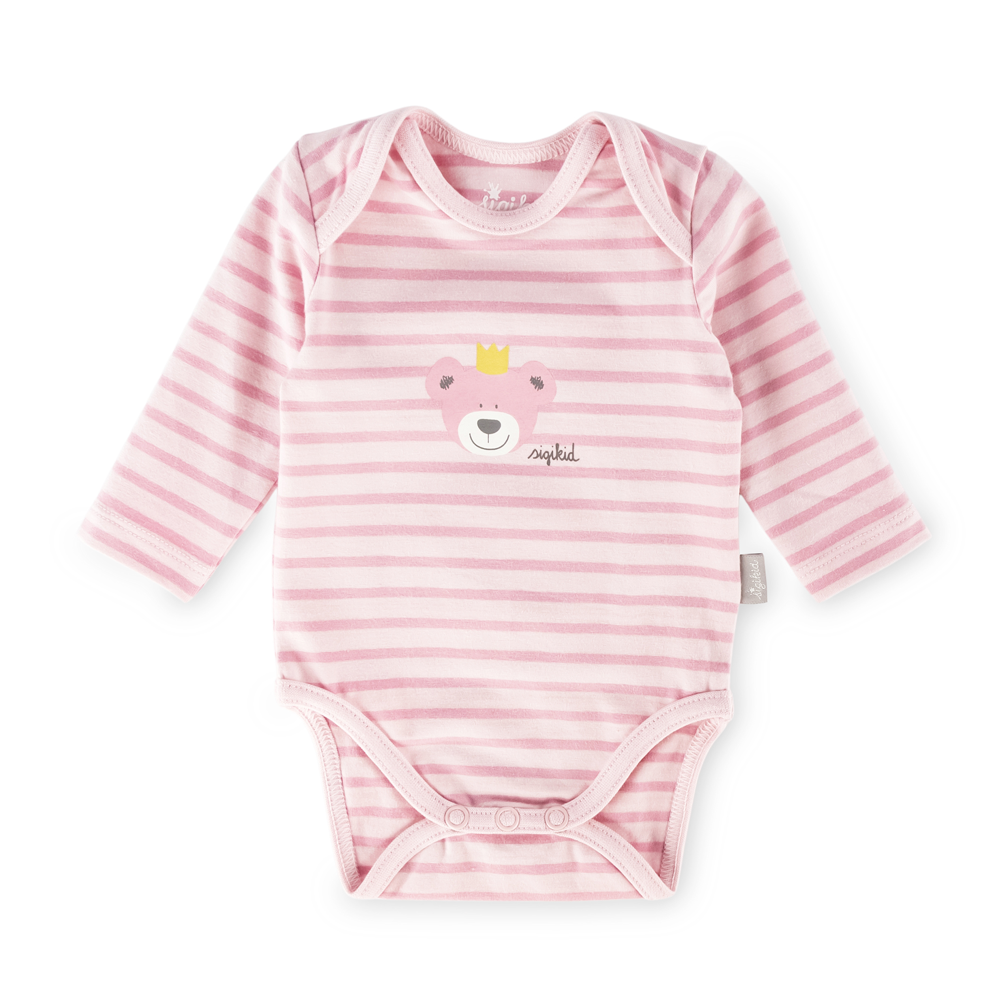 Langarm Babybody Krönchen Bär, rosa geringelt Langarm Babybody Krönchen Bär, rosa geringelt