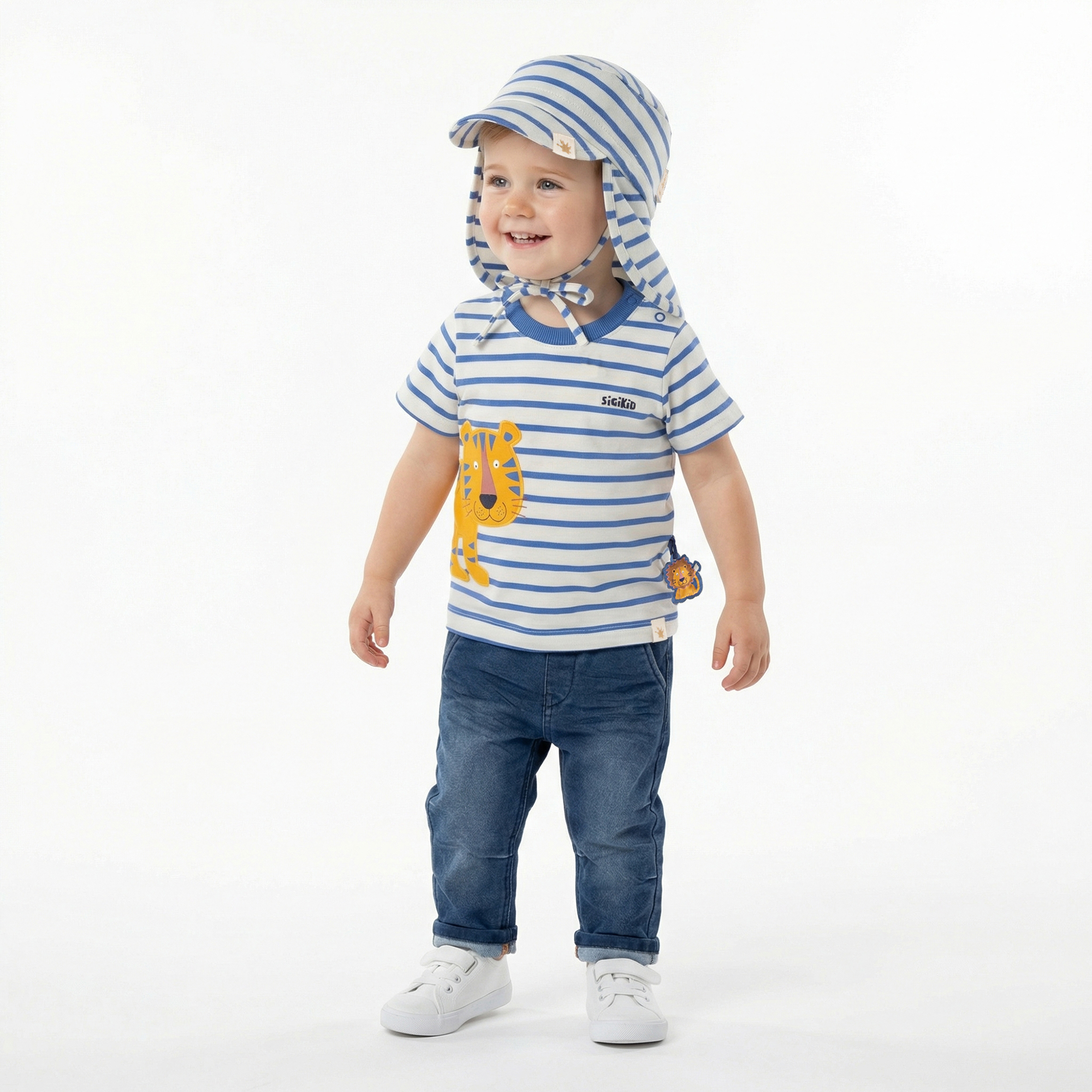 Baby Ringel T-Shirt Tiger & Löwe, blau/weiß