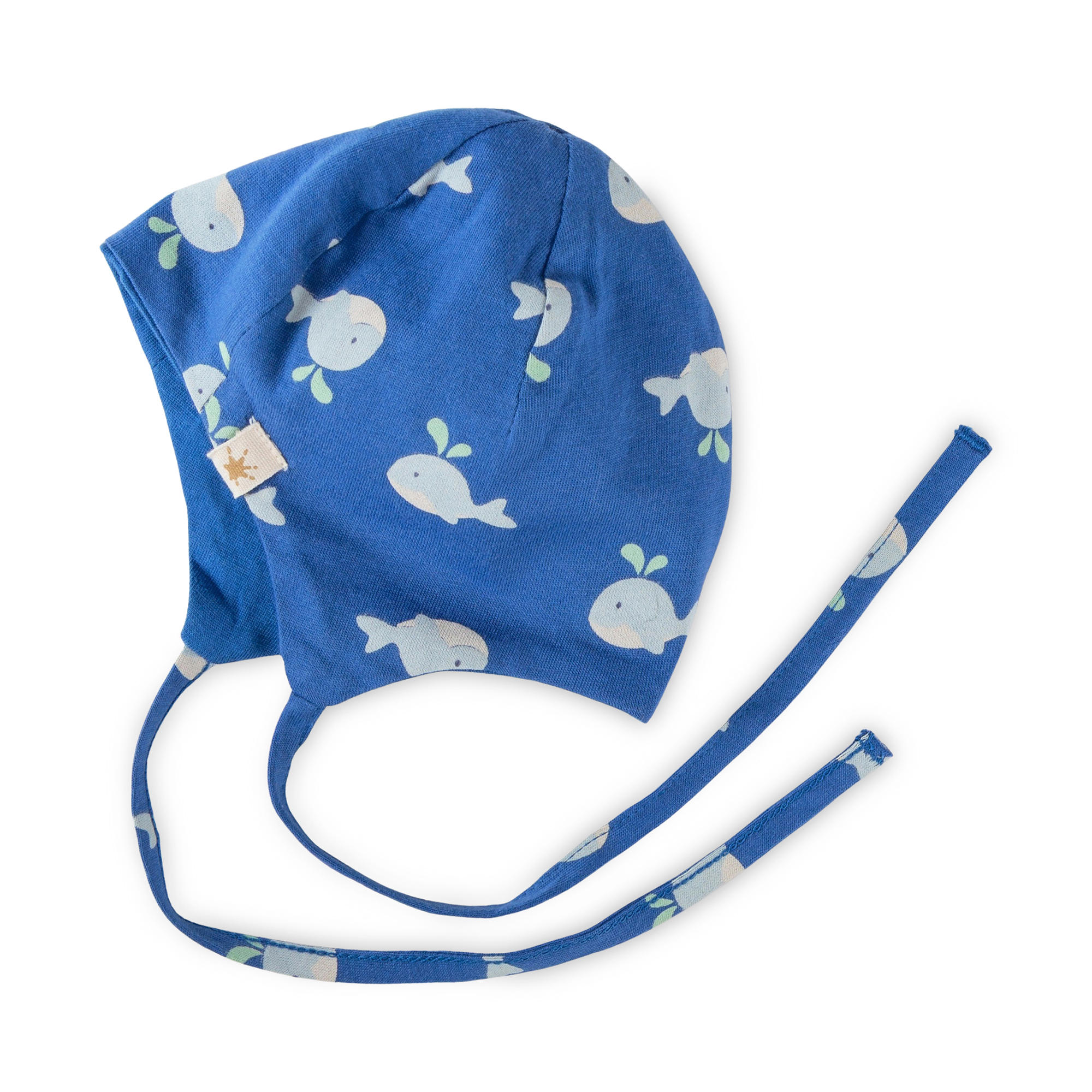Newborn baby hat with ties, whale print, lined
