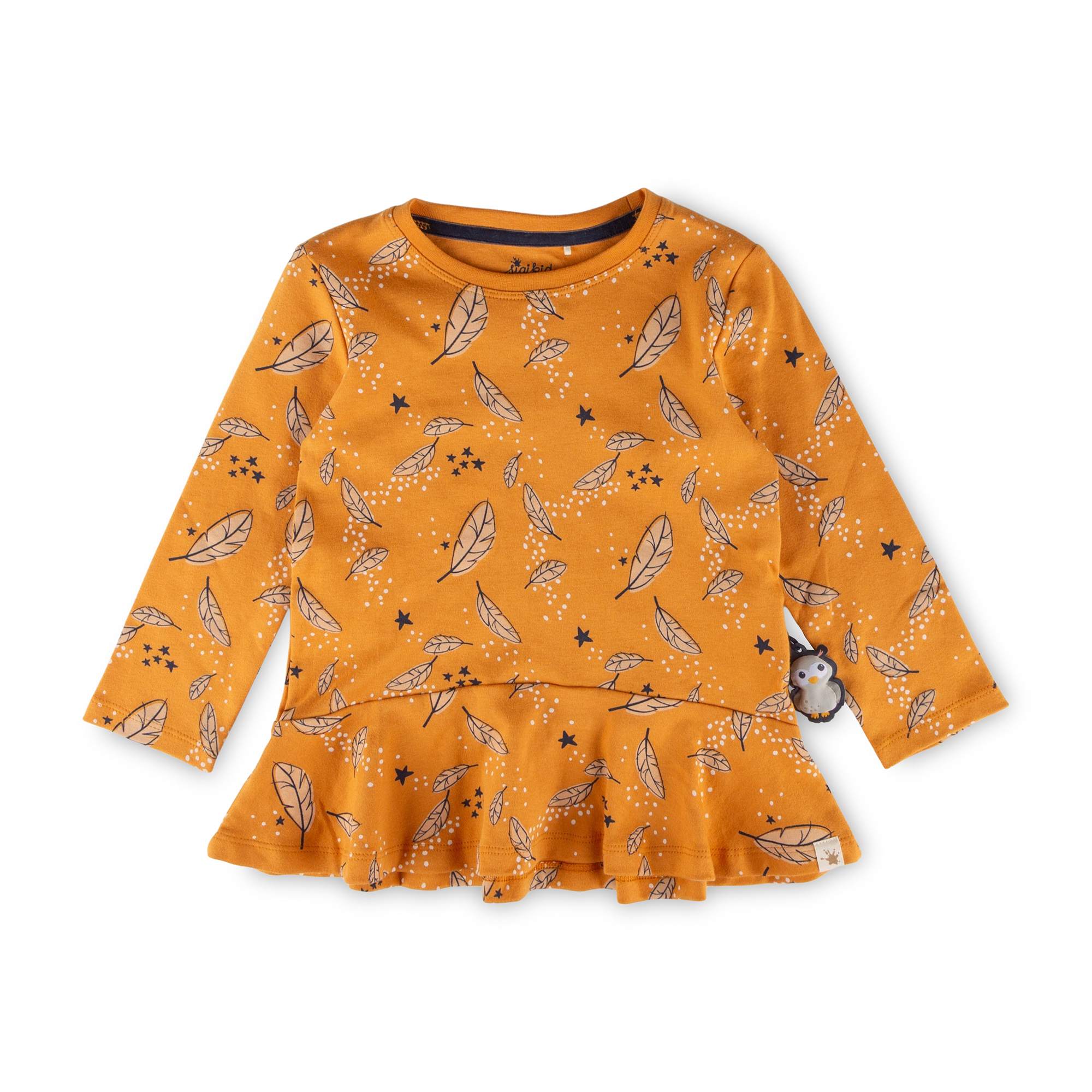 Kinder Longshirt Eule Curious Owl, gelb mit Federprint
