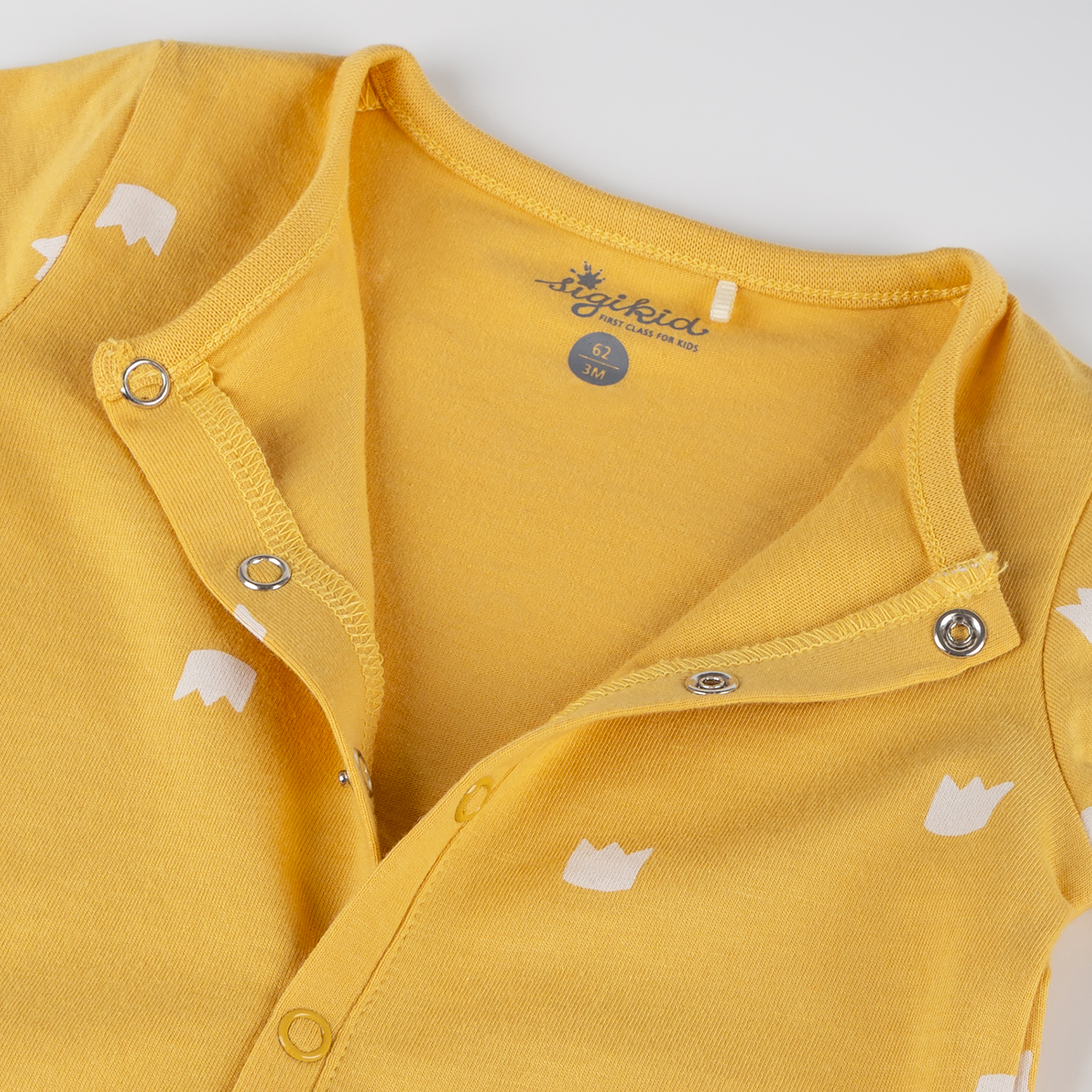 Newborn baby footed romper, foldover mittens, yellow