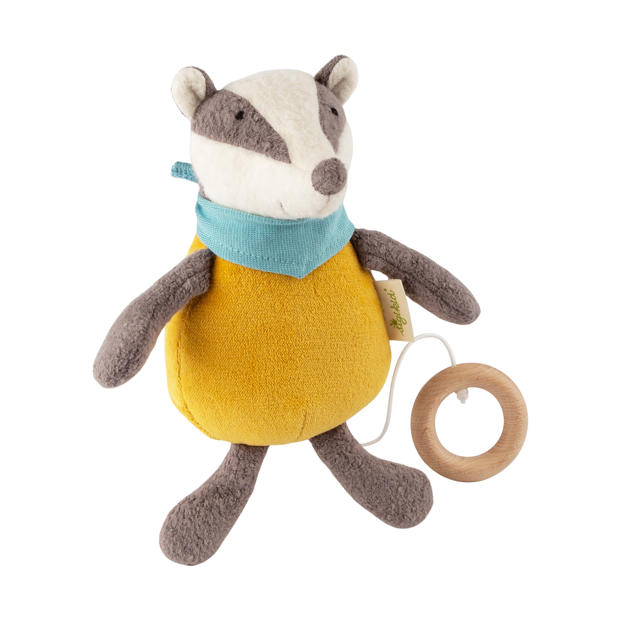 Organic musical soft toy badger