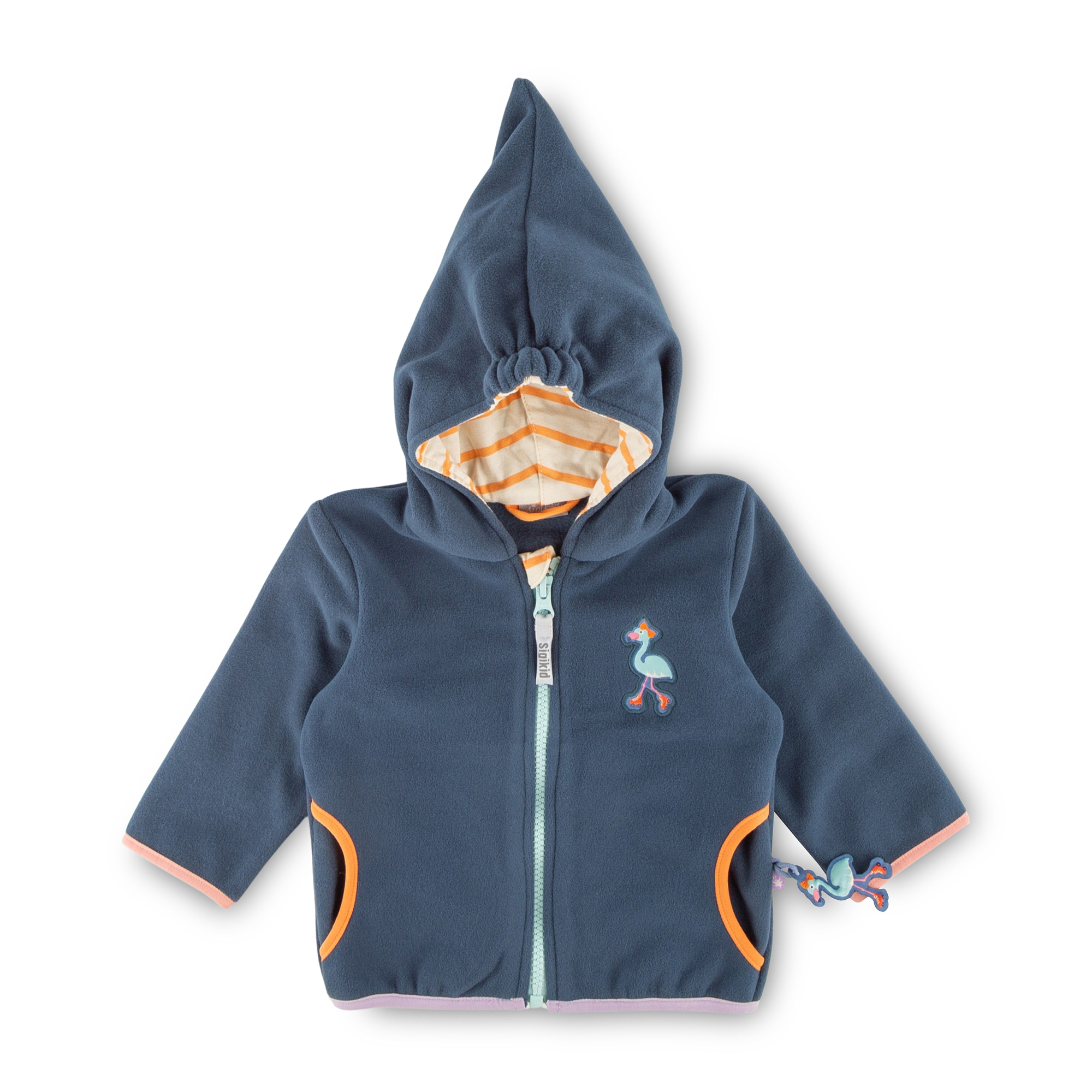 Pixie hood baby fleece jacket flamingo, dark blue