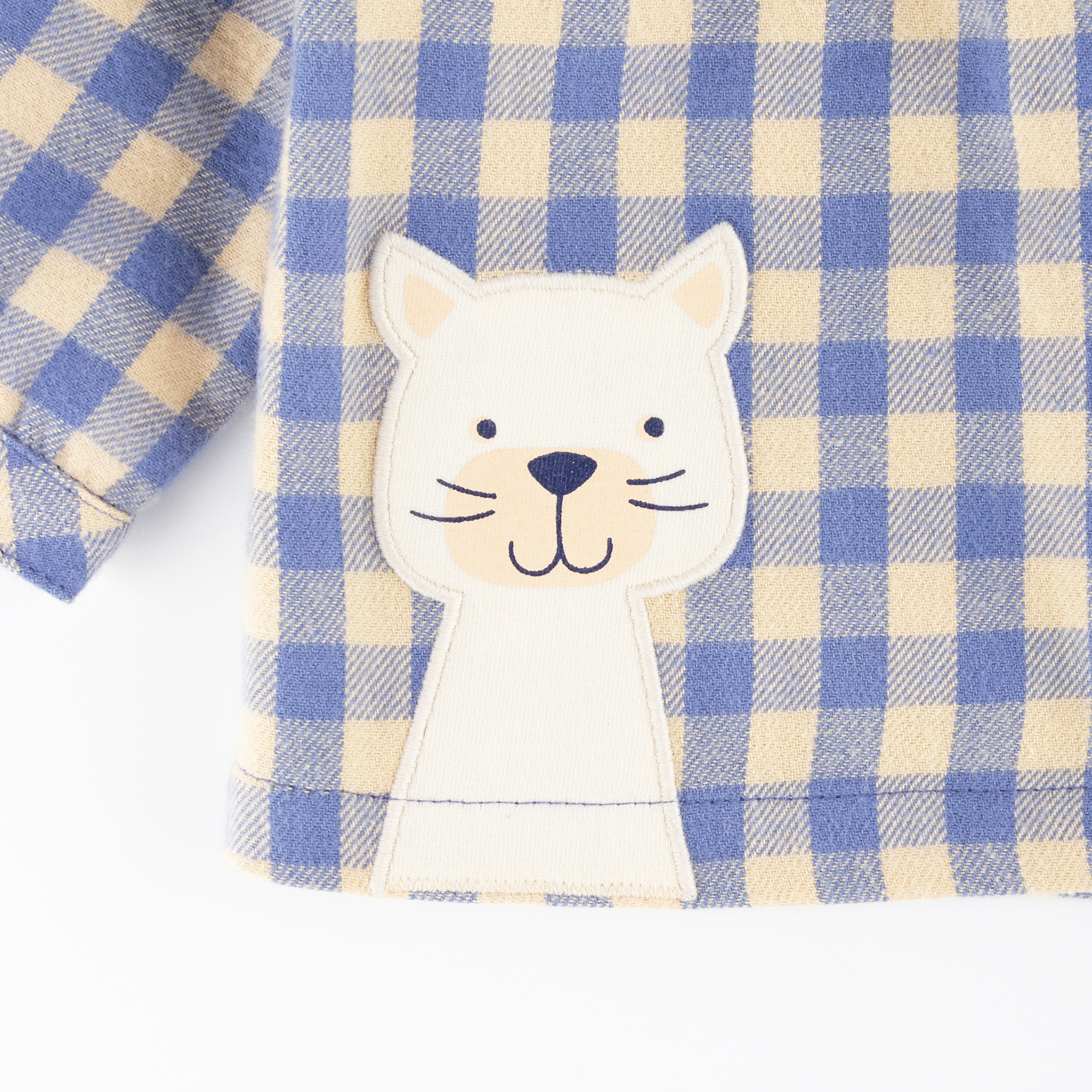 Baby Karo-Flanellbluse mit Katzen Motiv, blau-weiß