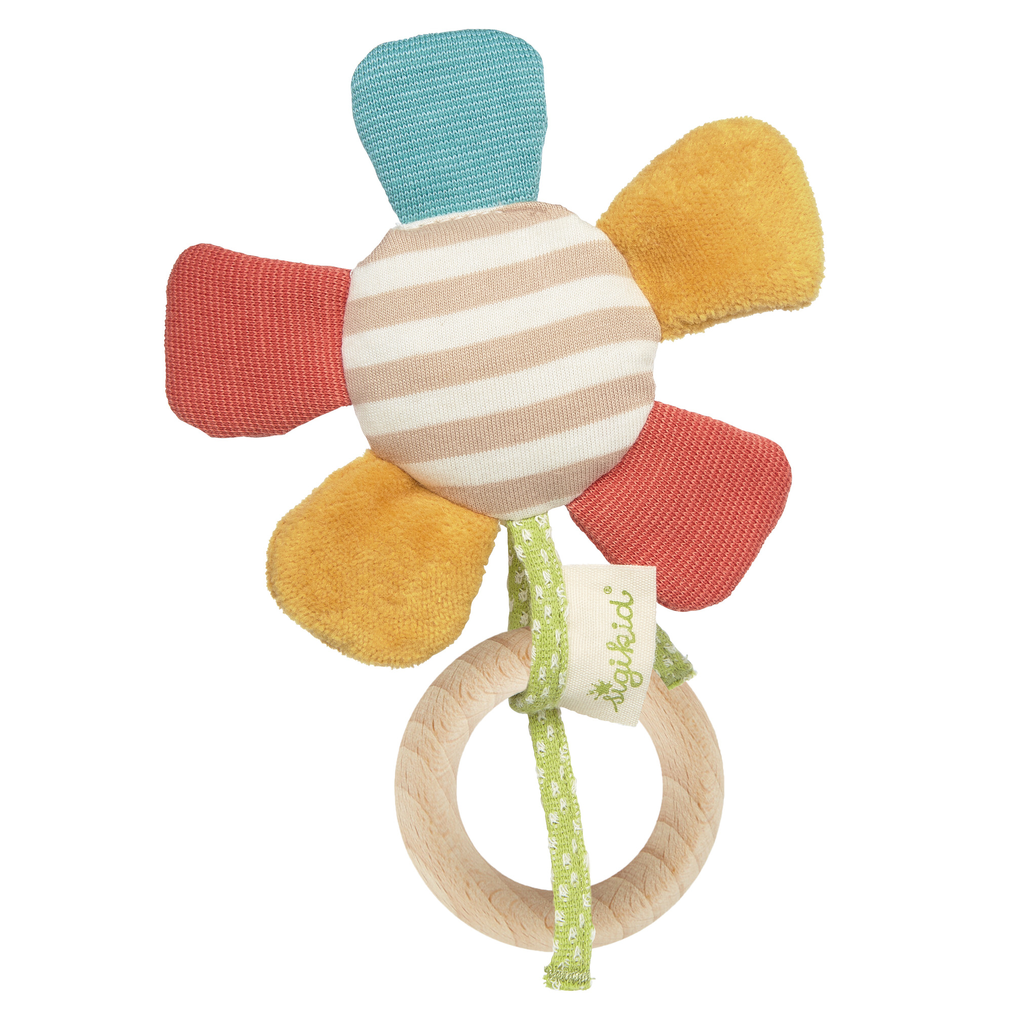 Baby soft toy rattle flower, organic, beechwood ring