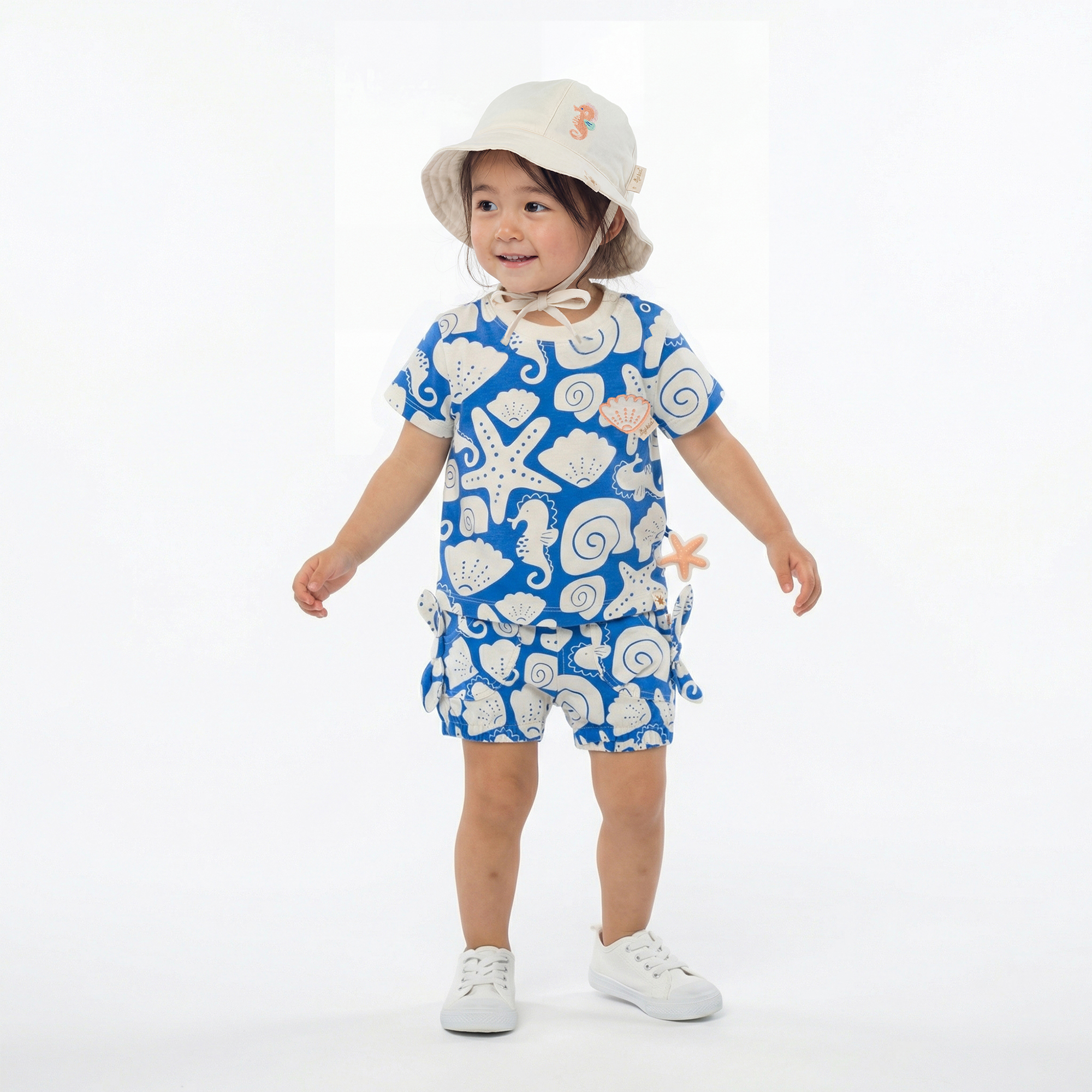 Baby Shorts Strand Print, blau mit weiß