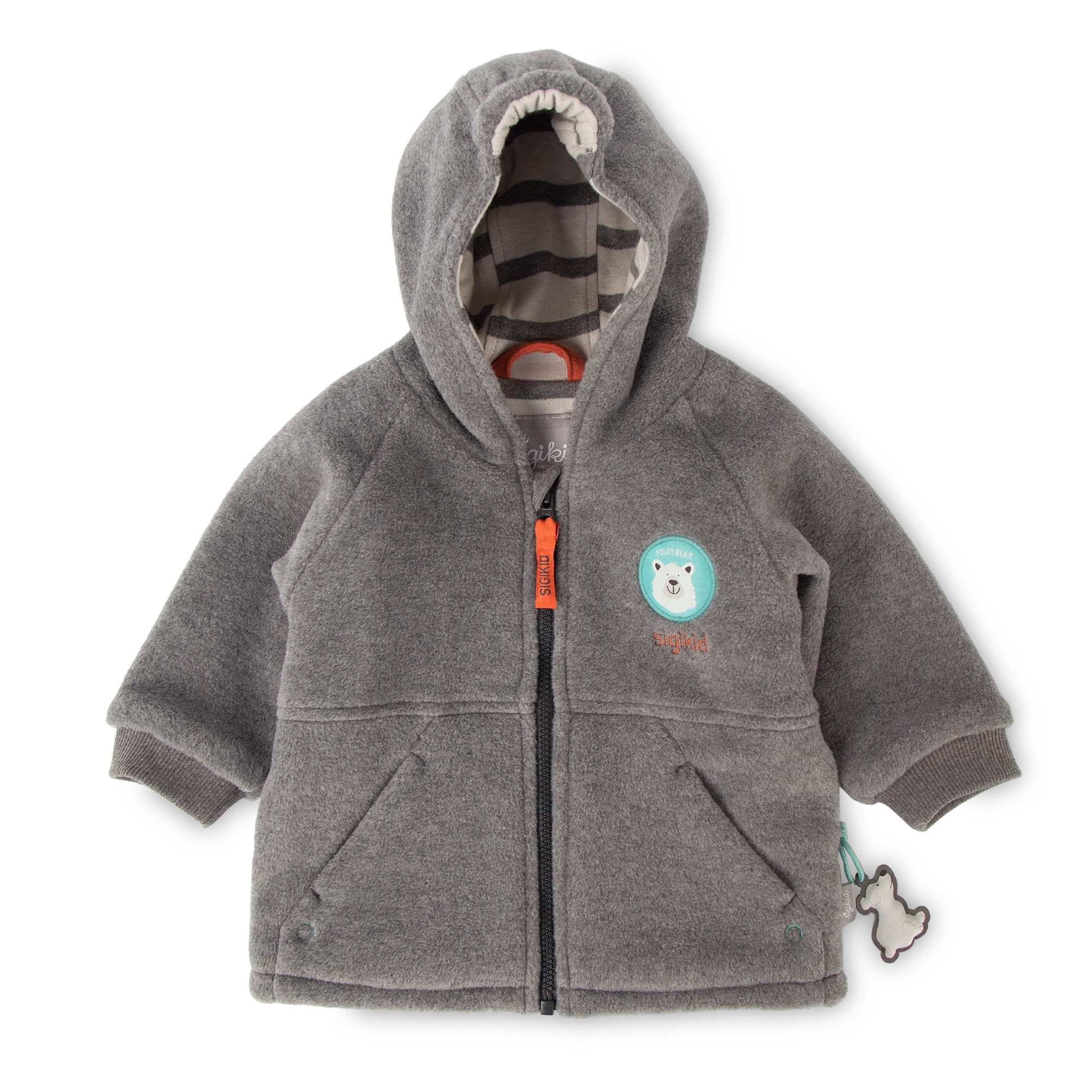 Fluffy soft hooded baby fleece jacket polar bear, lined, grey
