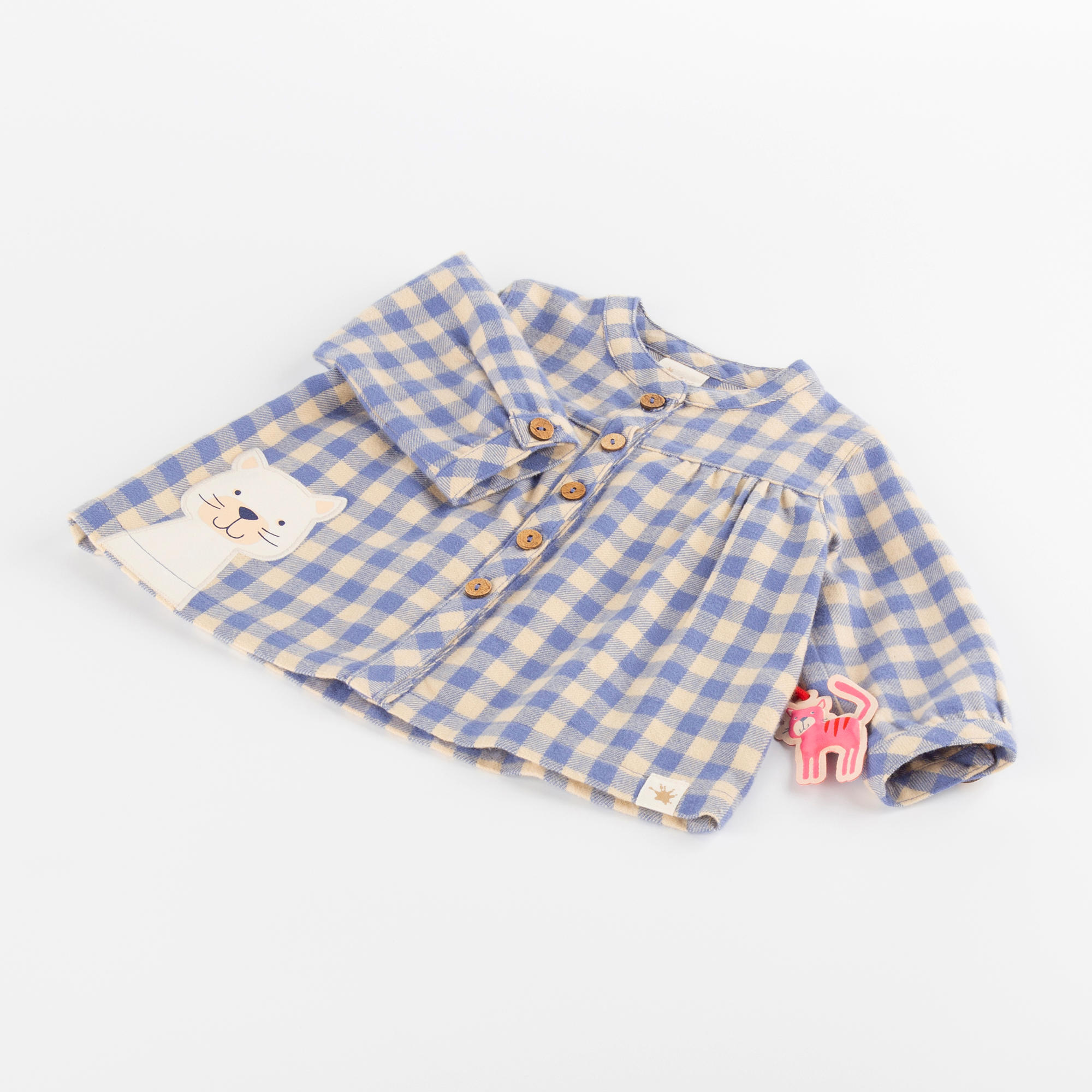 Baby Karo-Flanellbluse mit Katzen Motiv, blau-weiß