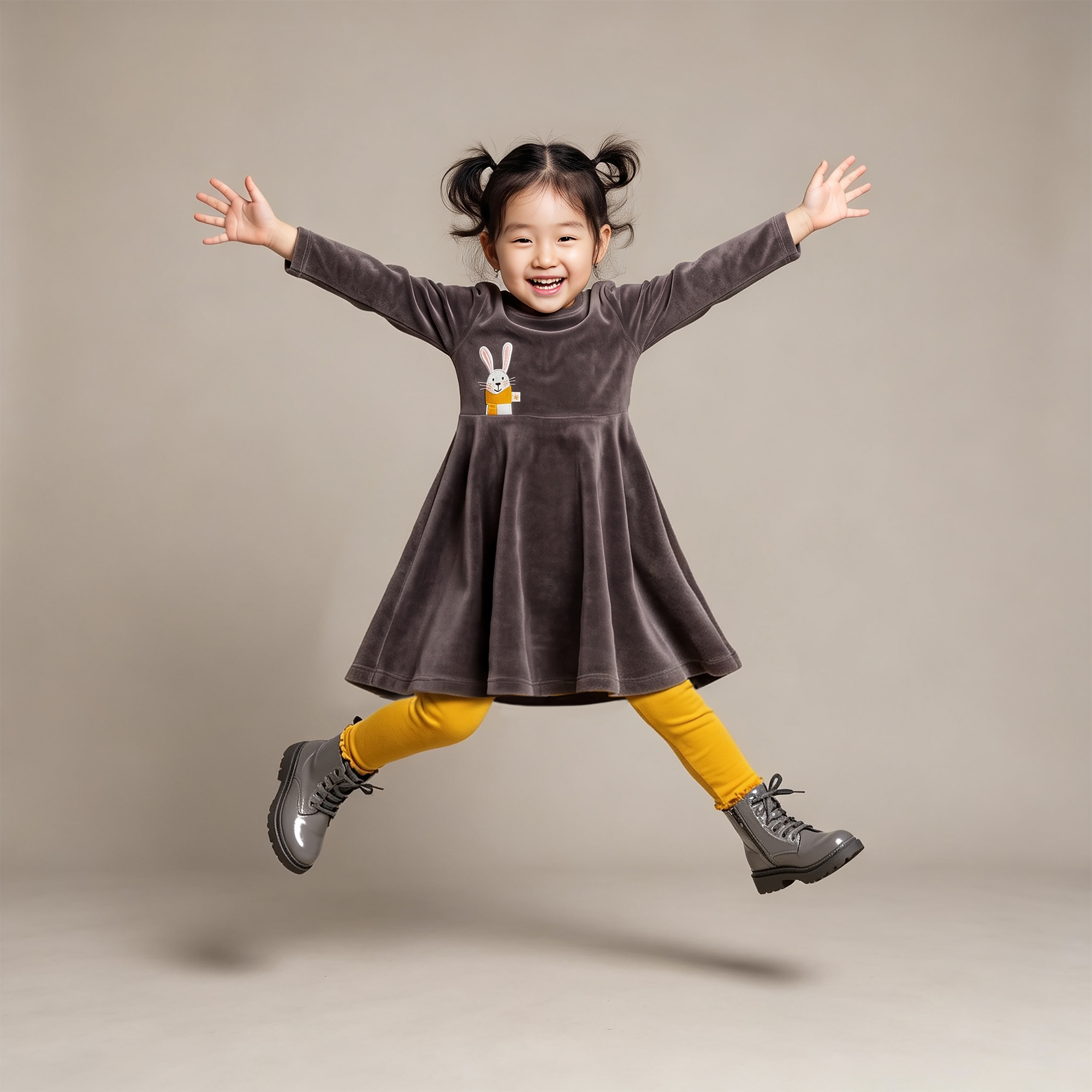 Twirly girls' velour dress Snow Bunny, dark grey