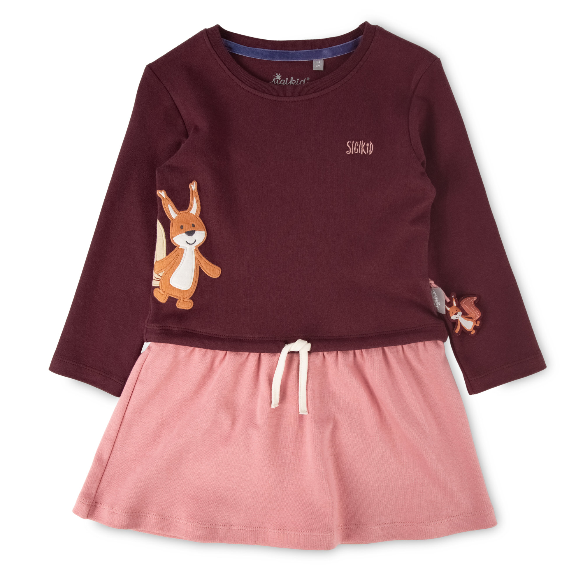 Kinder Kleid mit Eichhörnchen Motiv, dunkelrot und rosa