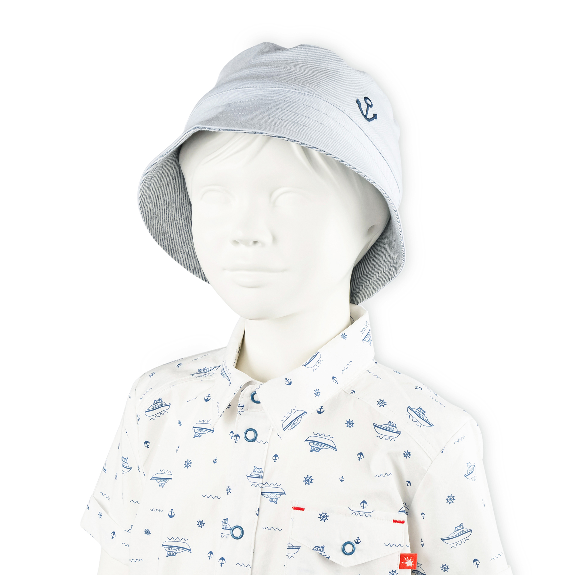 Children's brimmed sun hat, reversible, light blue & blue marl