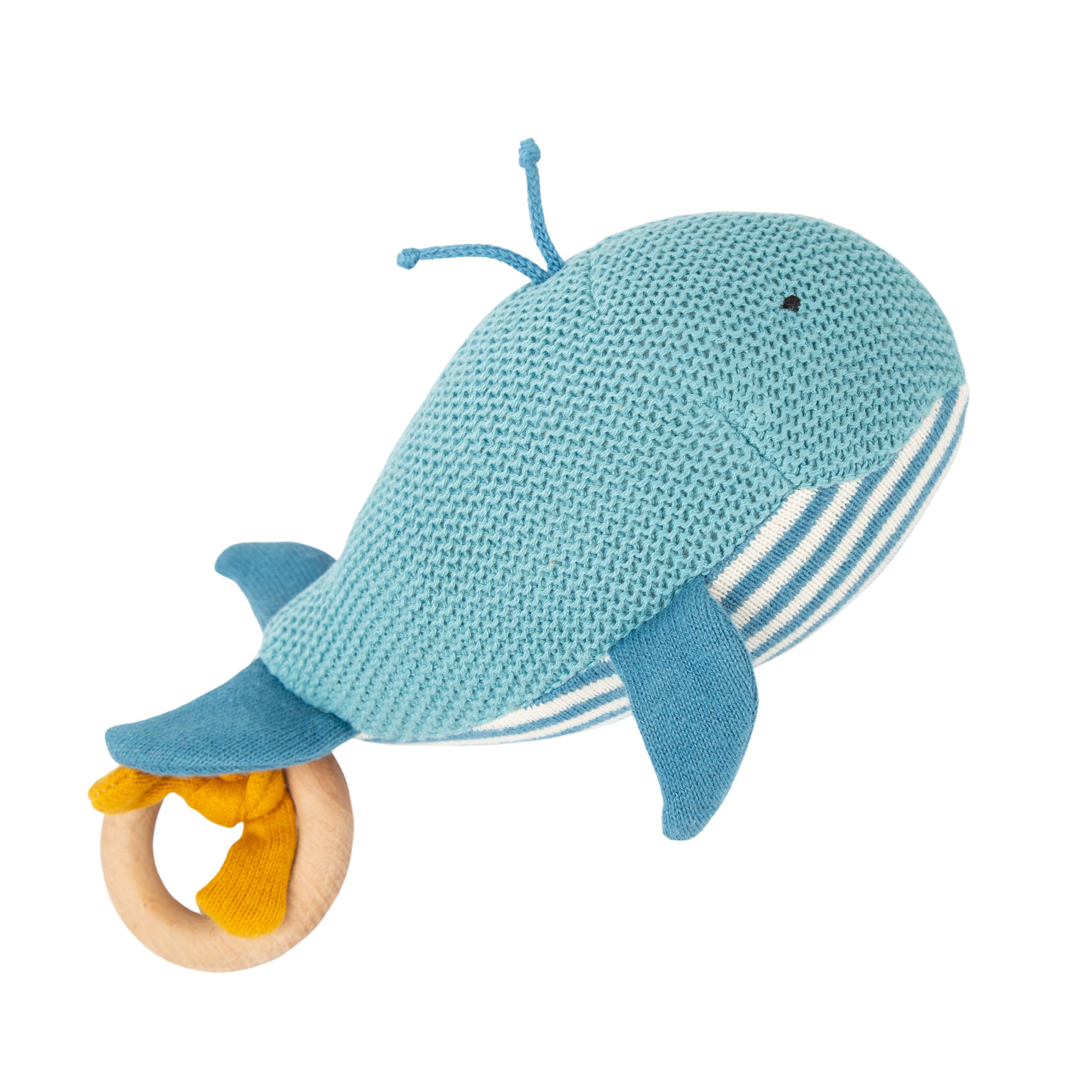 Baby grasp soft toy rattle whale, wooden ring, Knitted Love