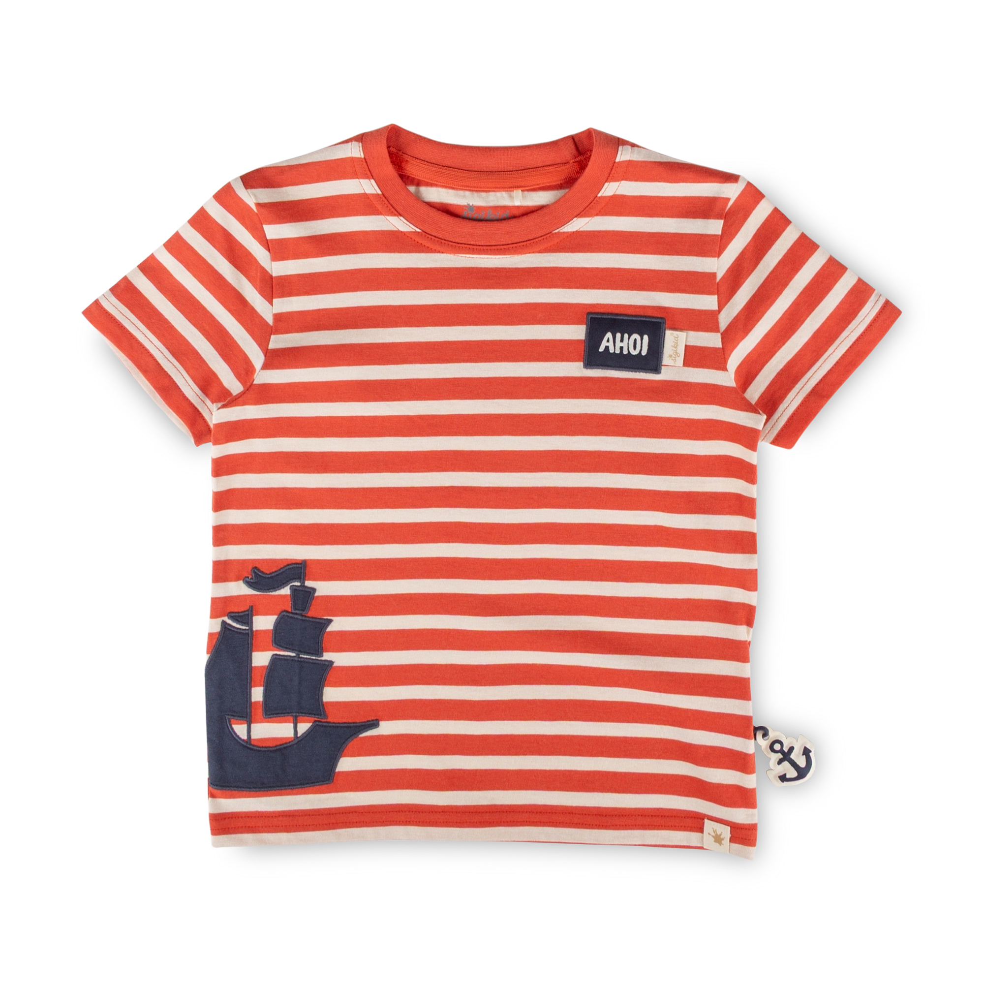 Kinder Ringel T-Shirt Segelschiff, rot-weiß