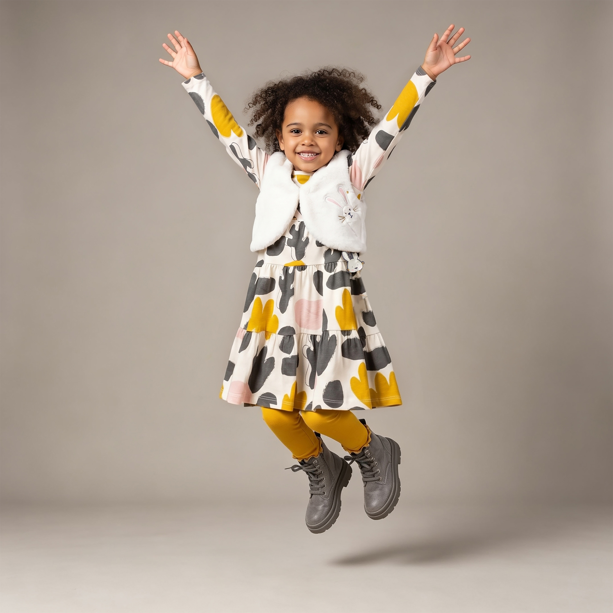 Kinder Stufenkleid Schneehase, bunter Print
