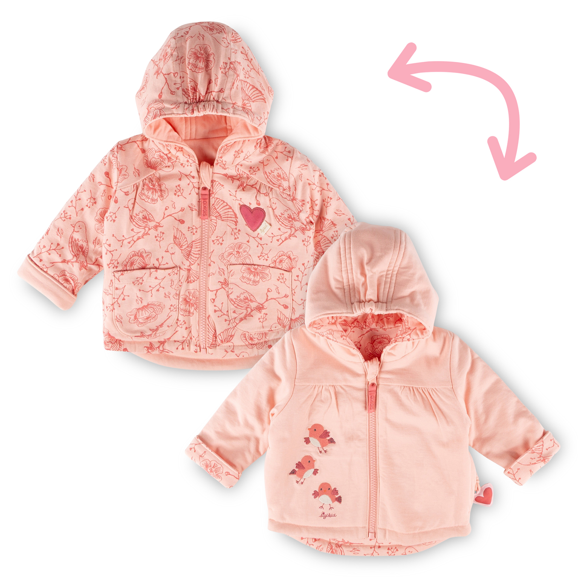 Baby Wendejacke mit Vögelchen Stickerei und Print, rosa