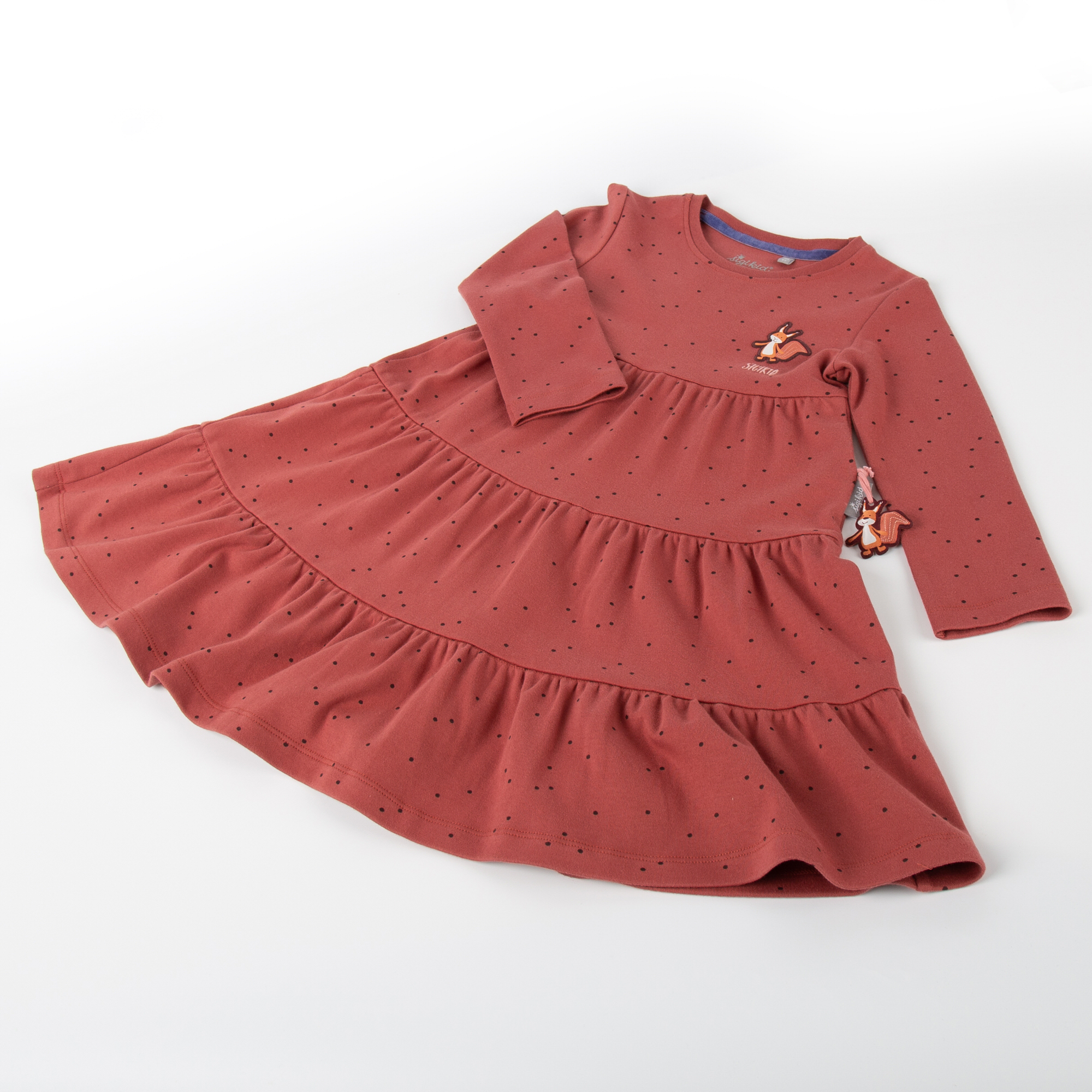 Tiered girls' long sleeve dress squirrel, copper brown