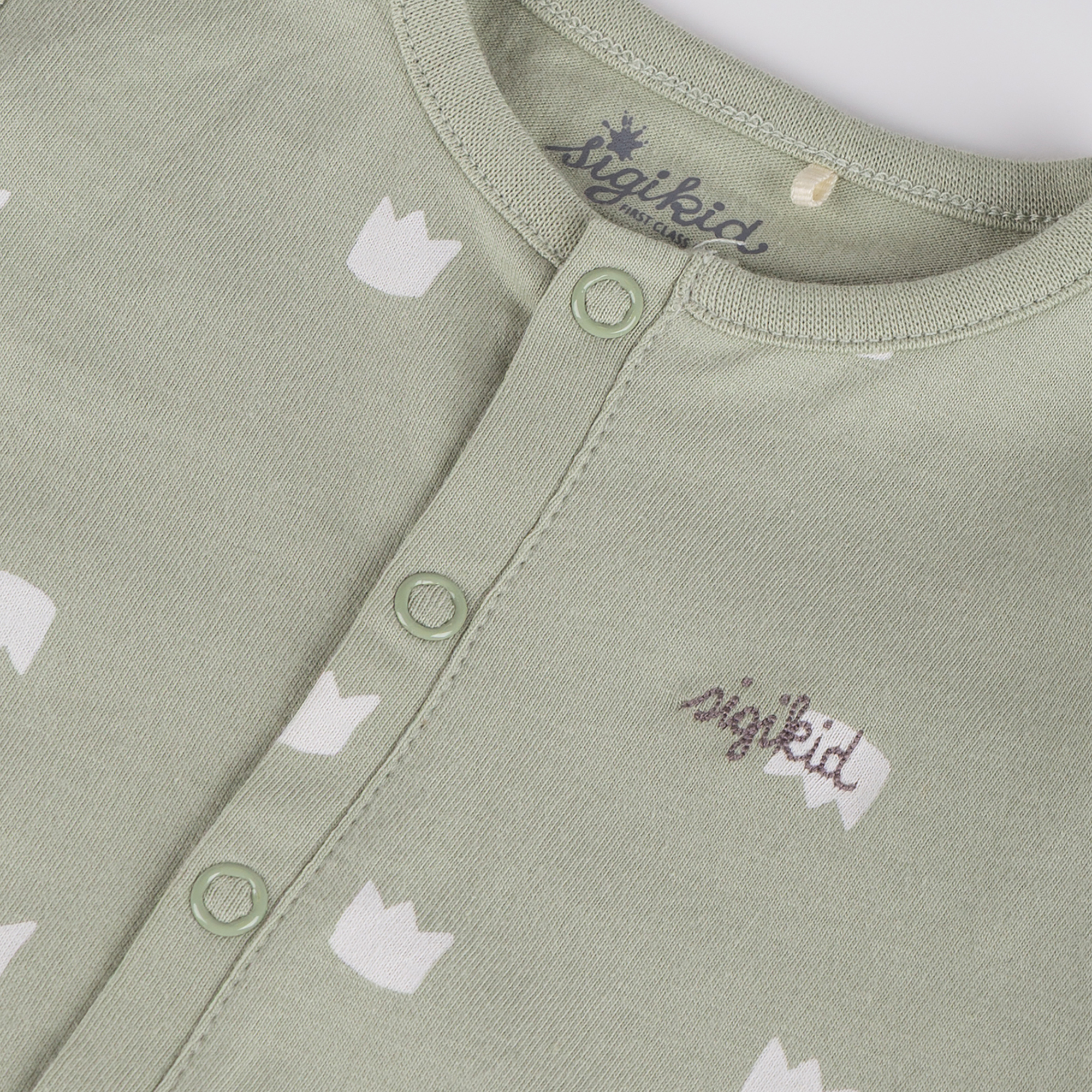 Newborn baby footed romper, foldover mittens, green