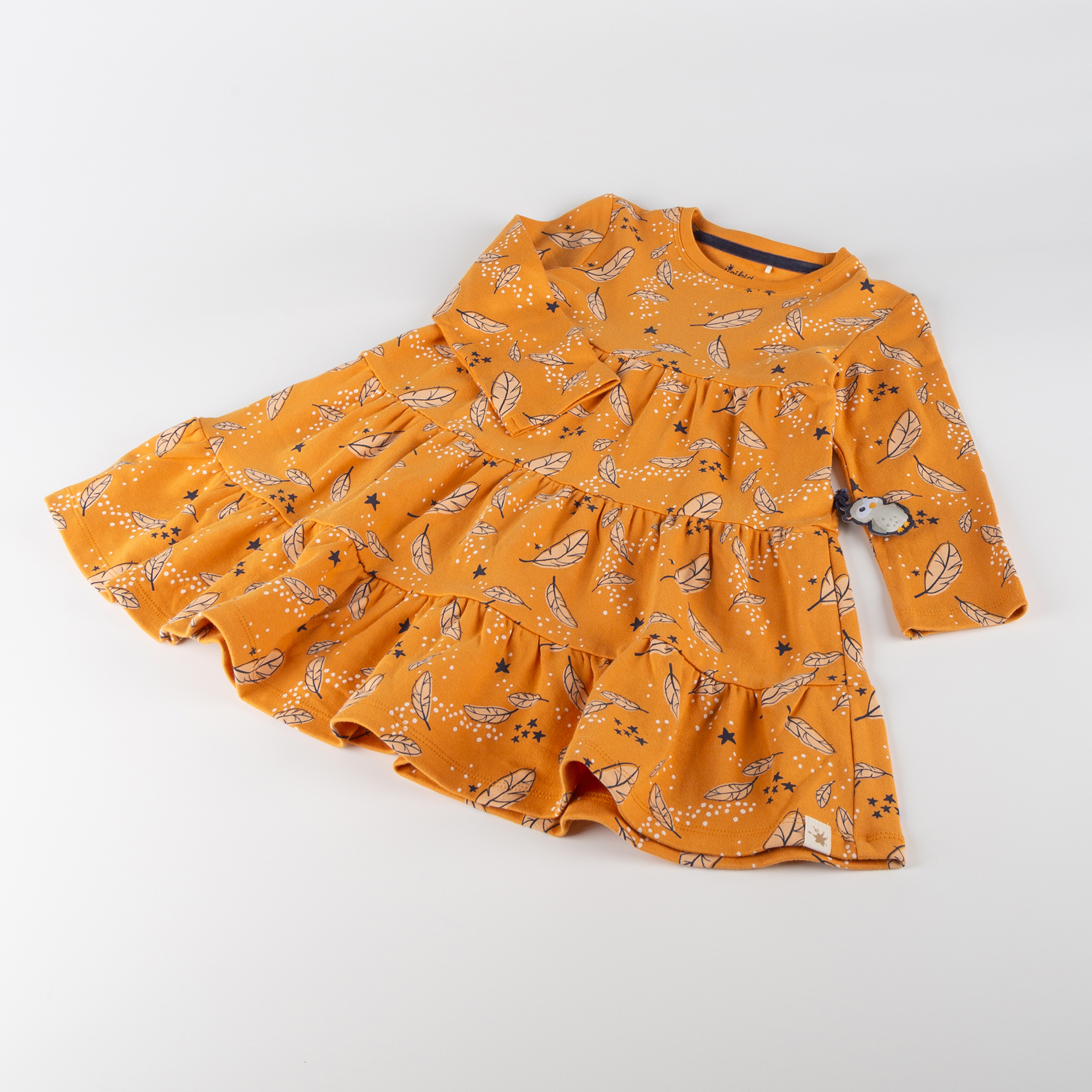 Tiered long sleeve dress Magic Owl, feather print