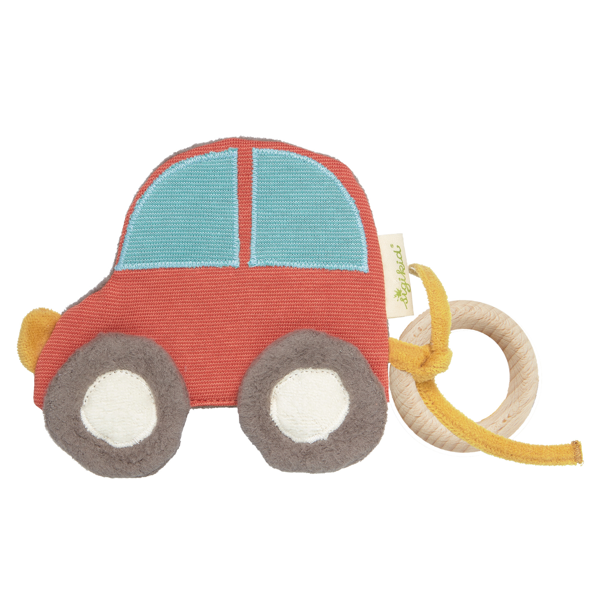 Baby soft toy crinkle car, organic, with beechwood ring