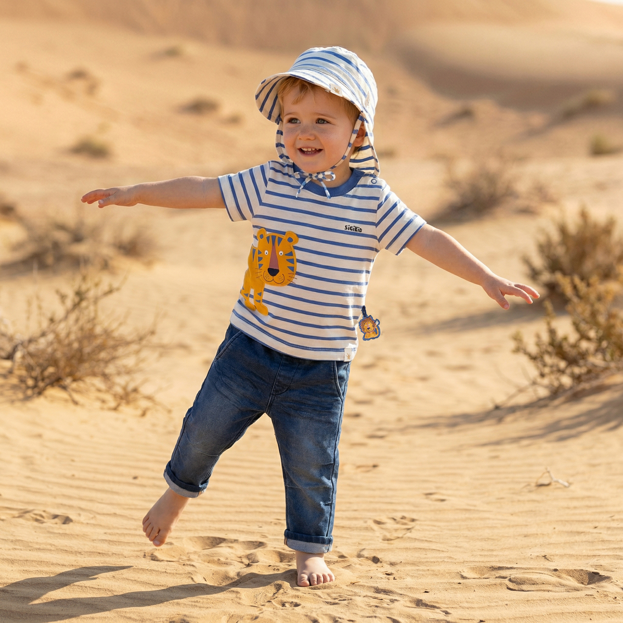 Baby Ringel T-Shirt Tiger & Löwe, blau/weiß
