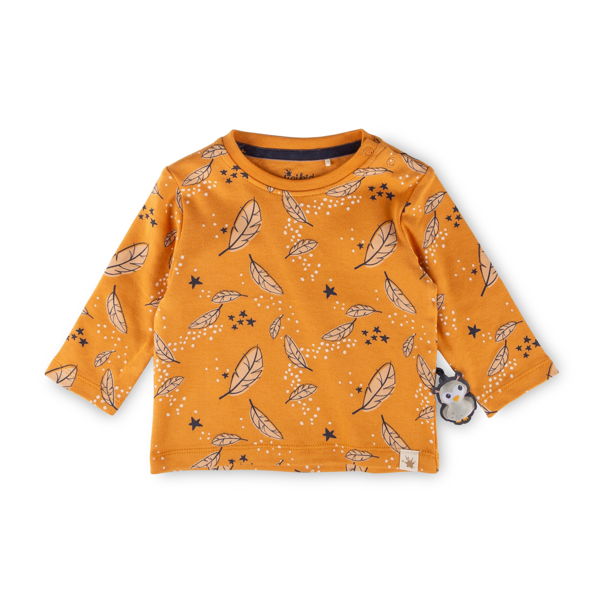 Baby Langarmshirt Eule Curious Owl, gelb mit Federprint