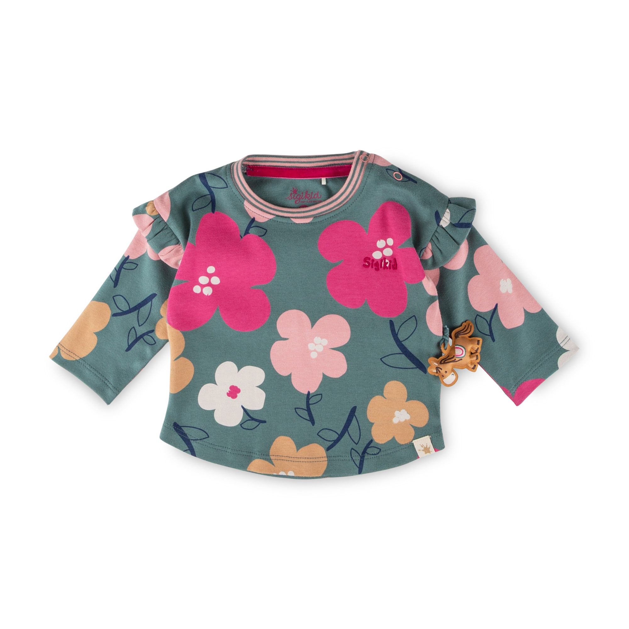 Baby Langarmshirt Pony Love, grün mit Blumenprint