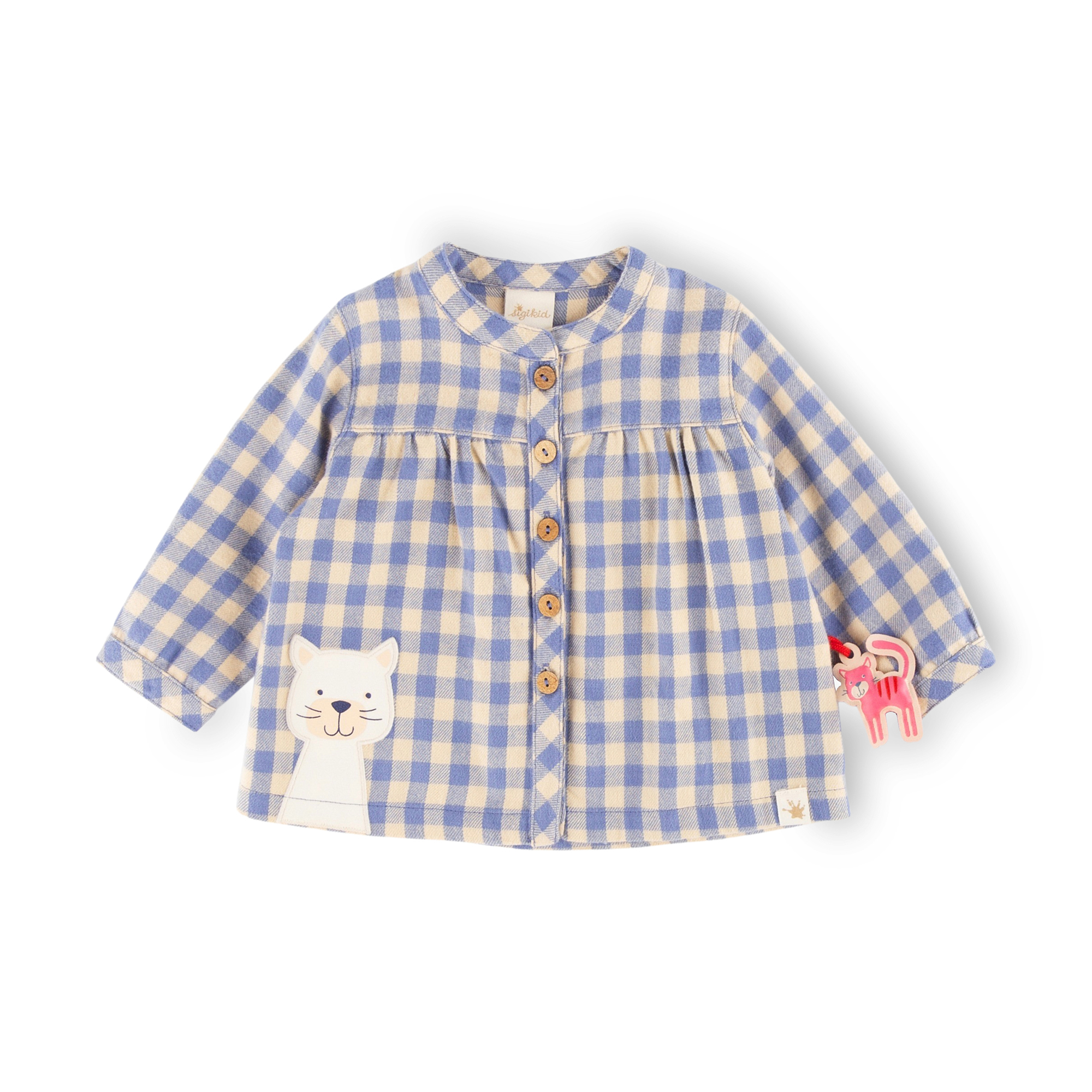 Baby Karo-Flanellbluse mit Katzen Motiv, blau-weiß