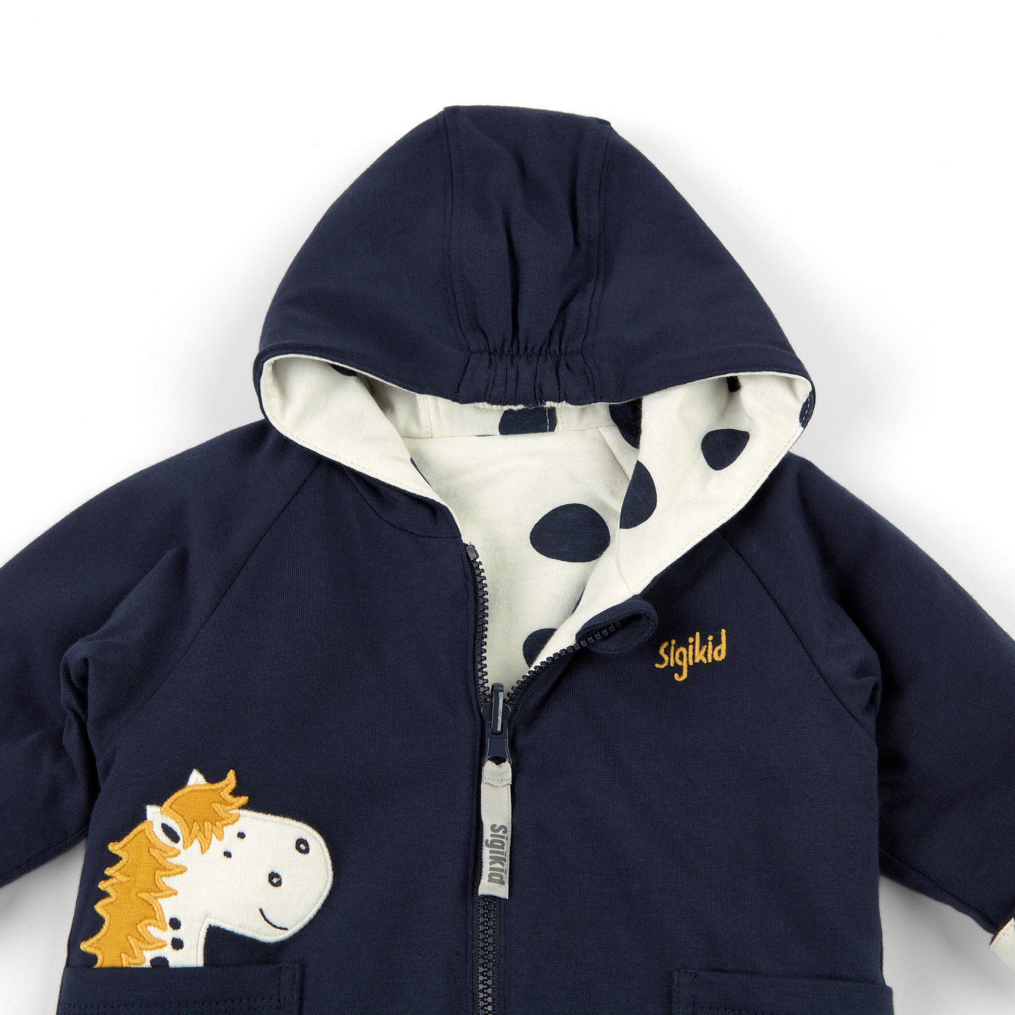 Reversible hooded baby jacket dots pony