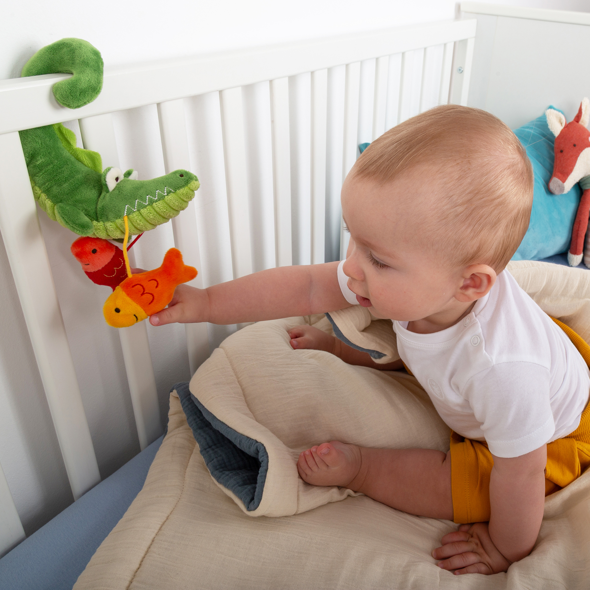 Baby hanging activity soft toy crocodile, PlayQ