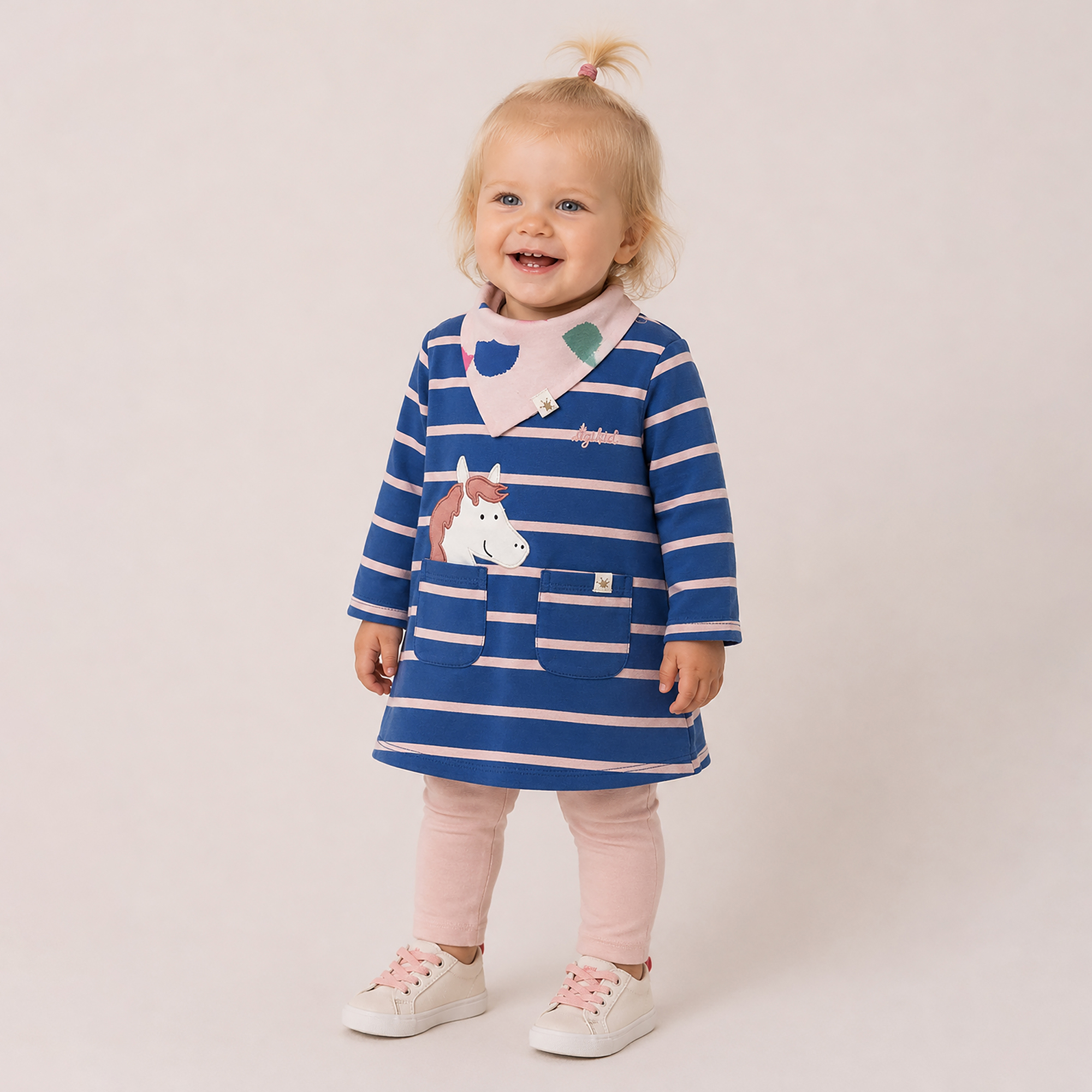 Kurzes Babykleid Pony mit Taschen, blau/hellrosa