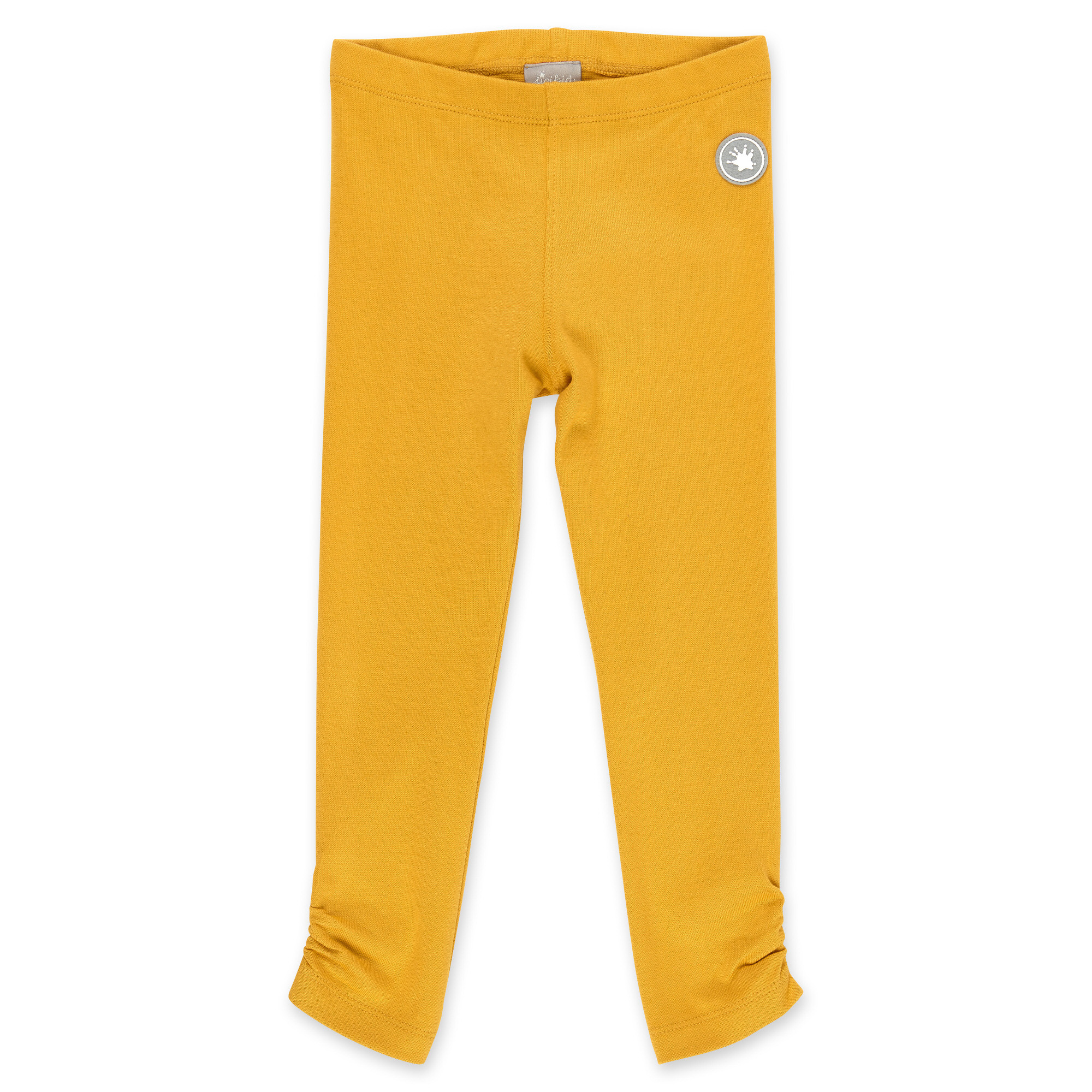 Yellow children's rib knit leggings with ankle gatherings